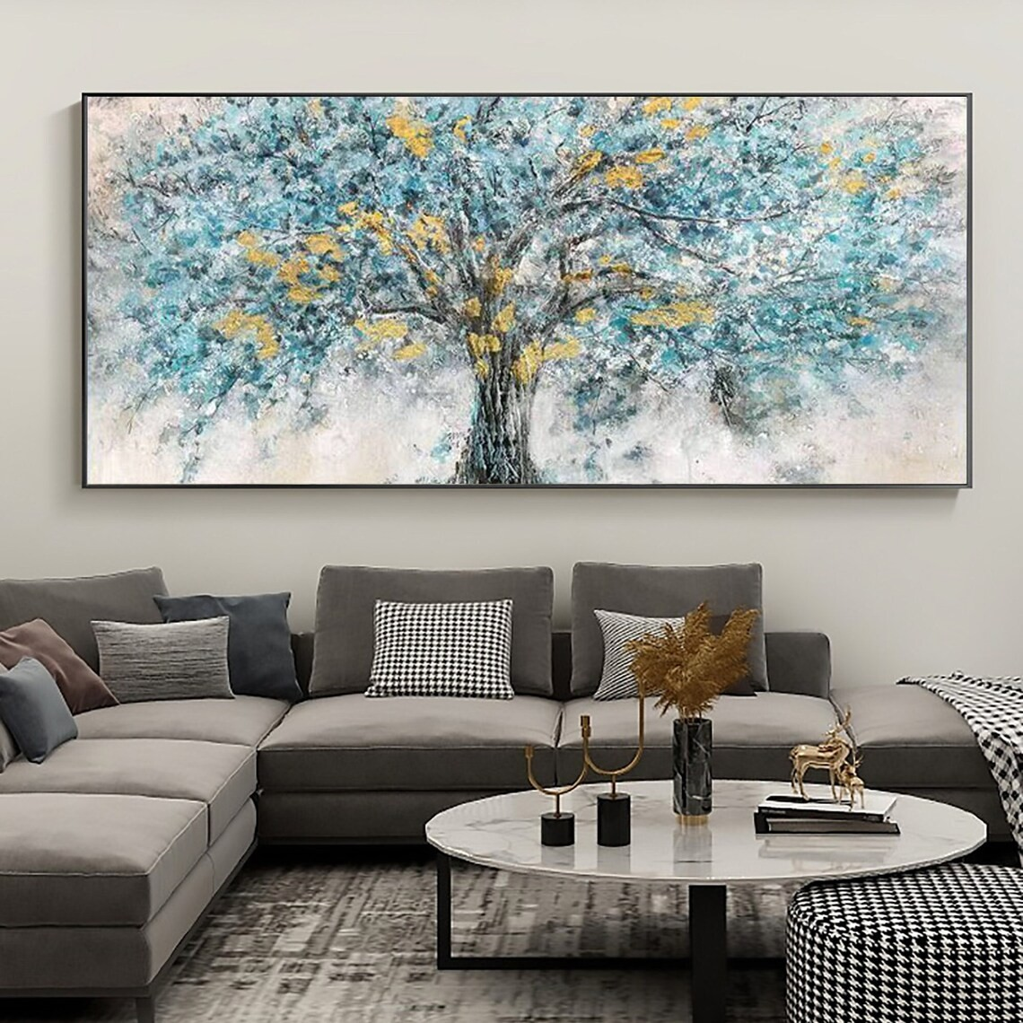 Abstract Tree Oil Painting with Blue & Gold Textured Leaves #JJ 038