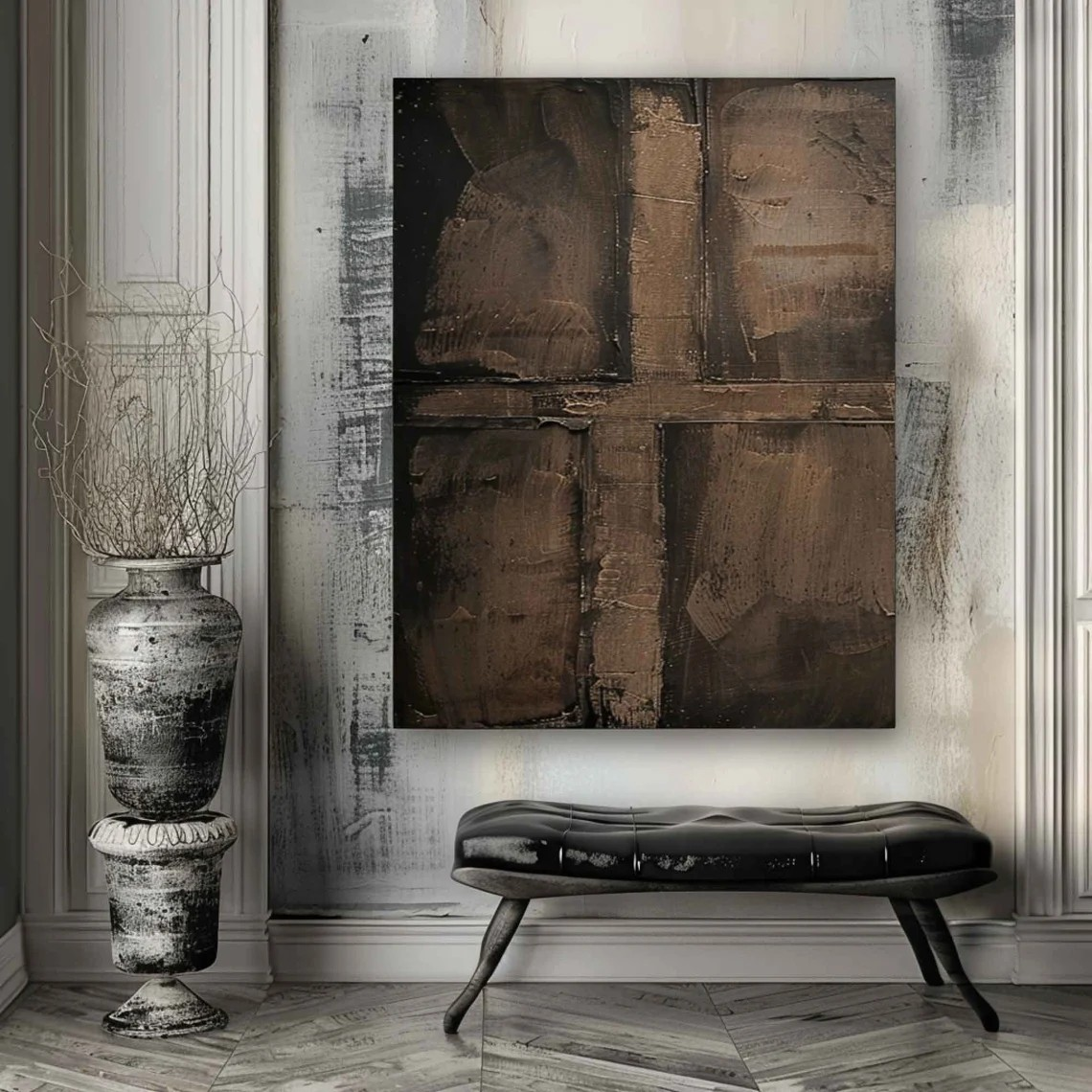 Earth Tone Textured Abstract Oil Painting | Modern Minimalist Cross Texture Artwork  #TC 025