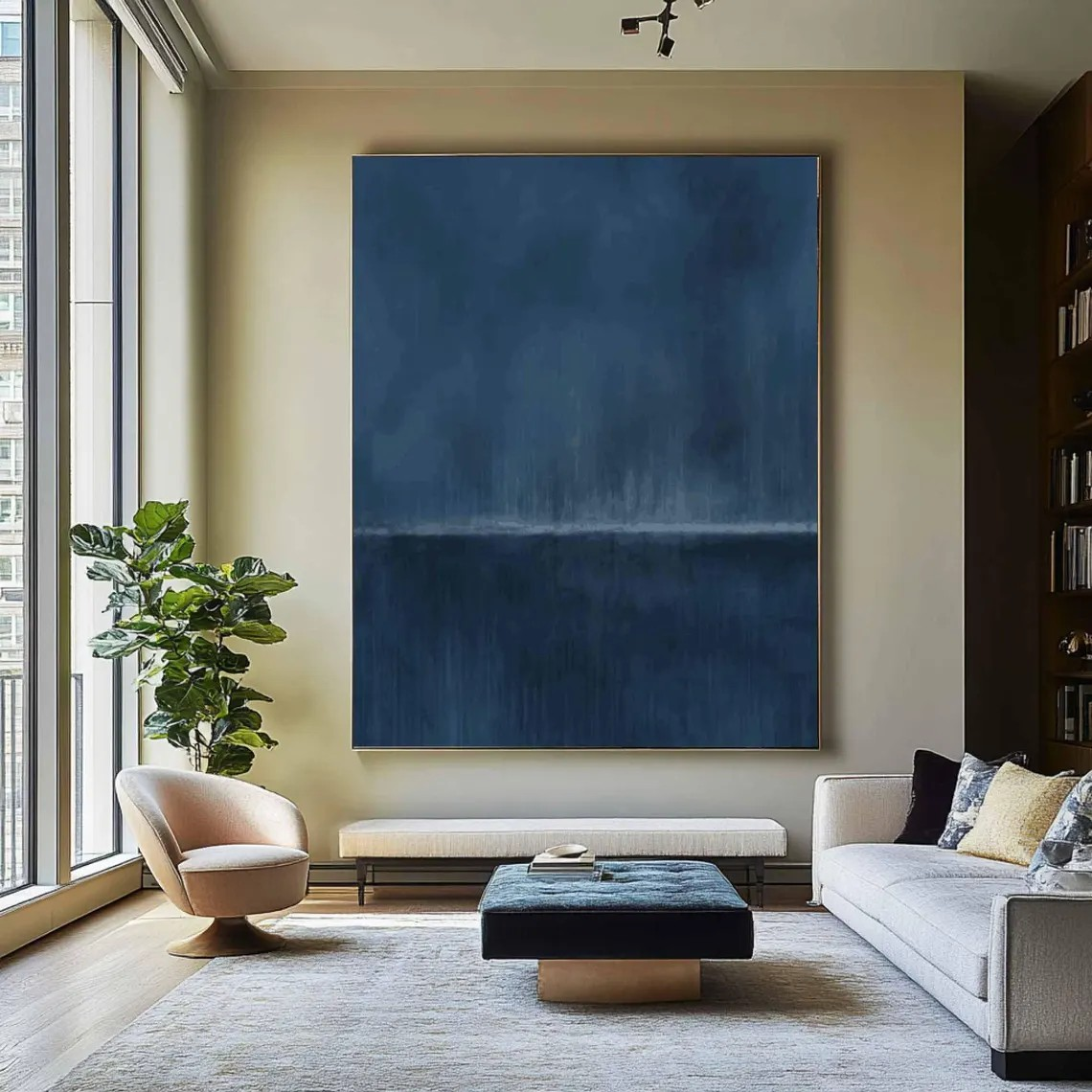 Large Abstract Oil Painting - Deep Blue Minimalist Modern Wall Art #TC 011