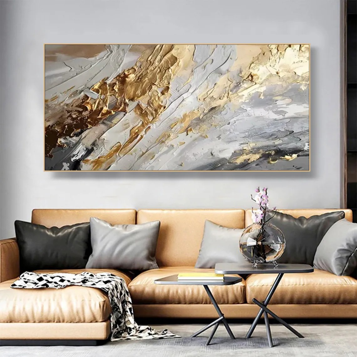 Large Textured Gold Abstract Oil Painting for Living Room