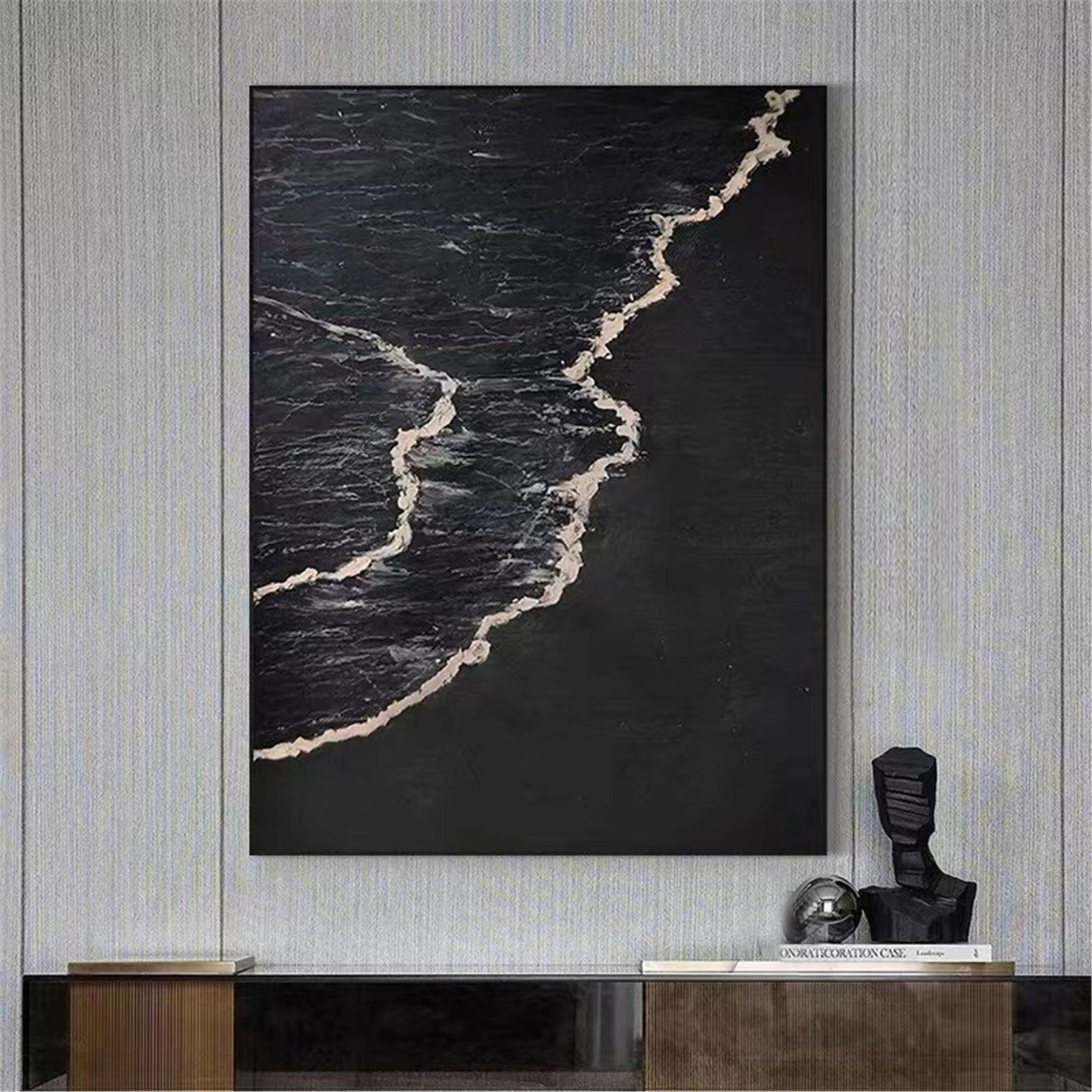 Dynamic Abstract Oil Painting - Black and White Wave Art for Modern Decor