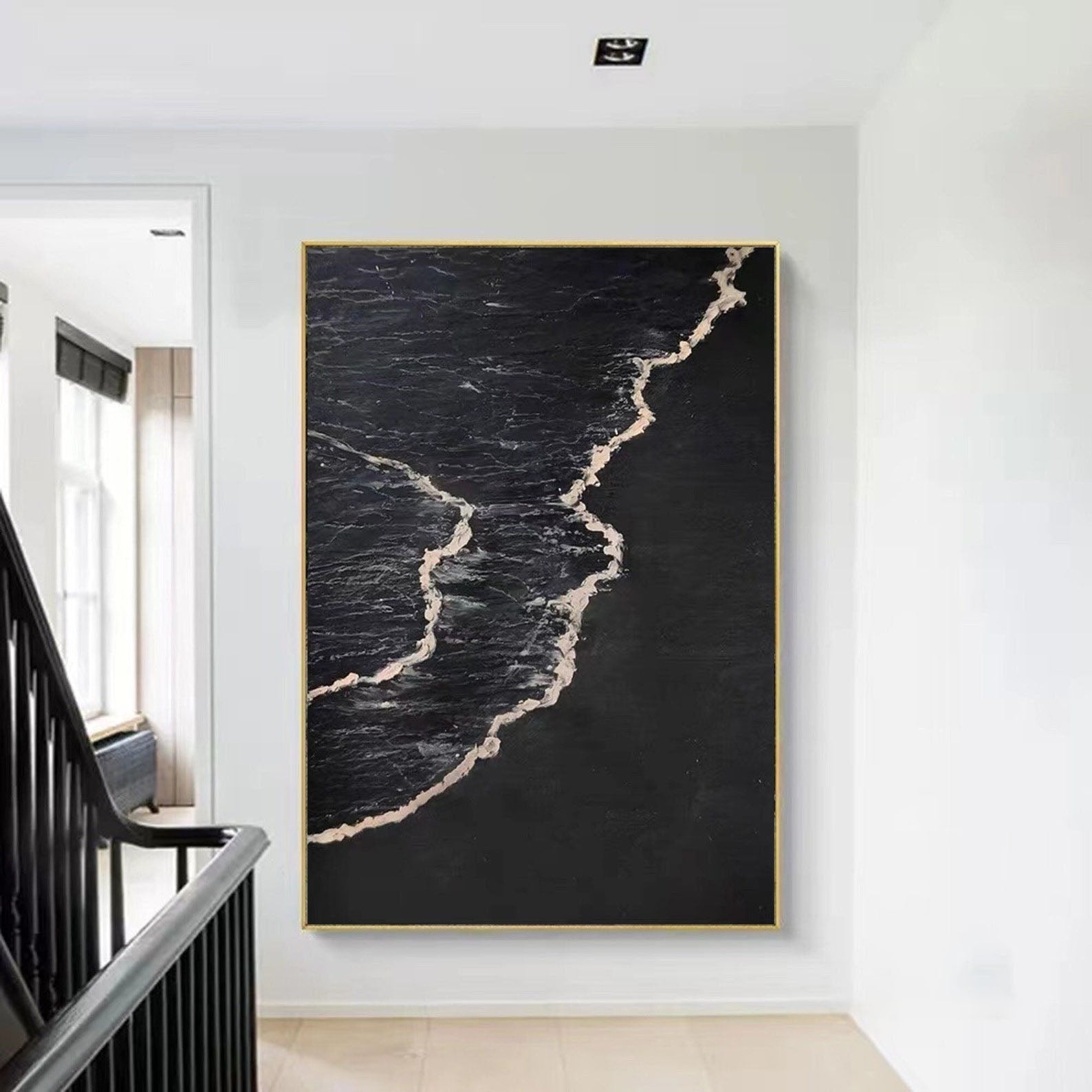 Handmade Oil Painting - Modern Abstract Black and White Wave Wall Art #TB 035