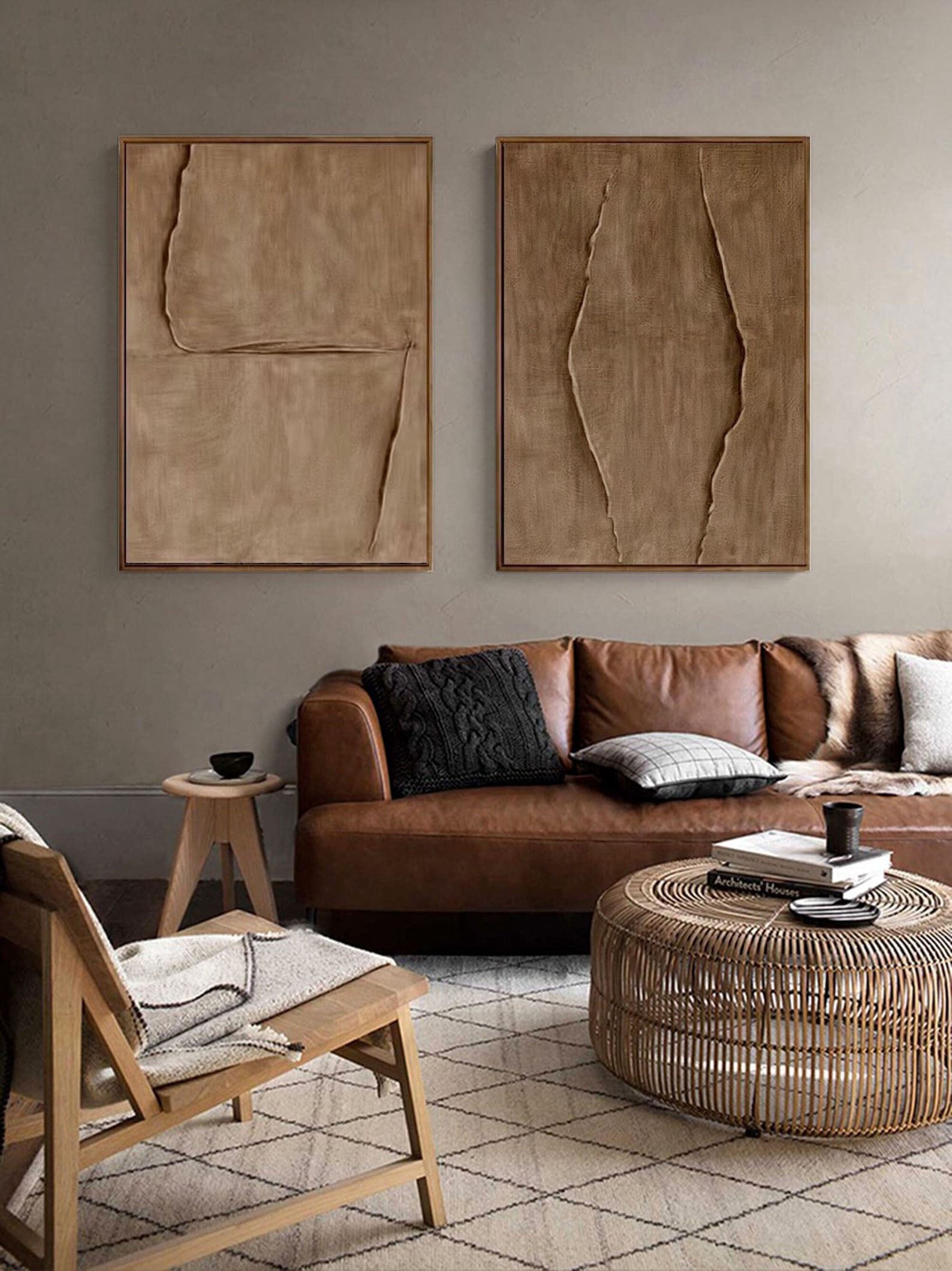 Modern 3D Texture Abstract Art, Beige Wabi-Sabi Decor Diptych #TB 039