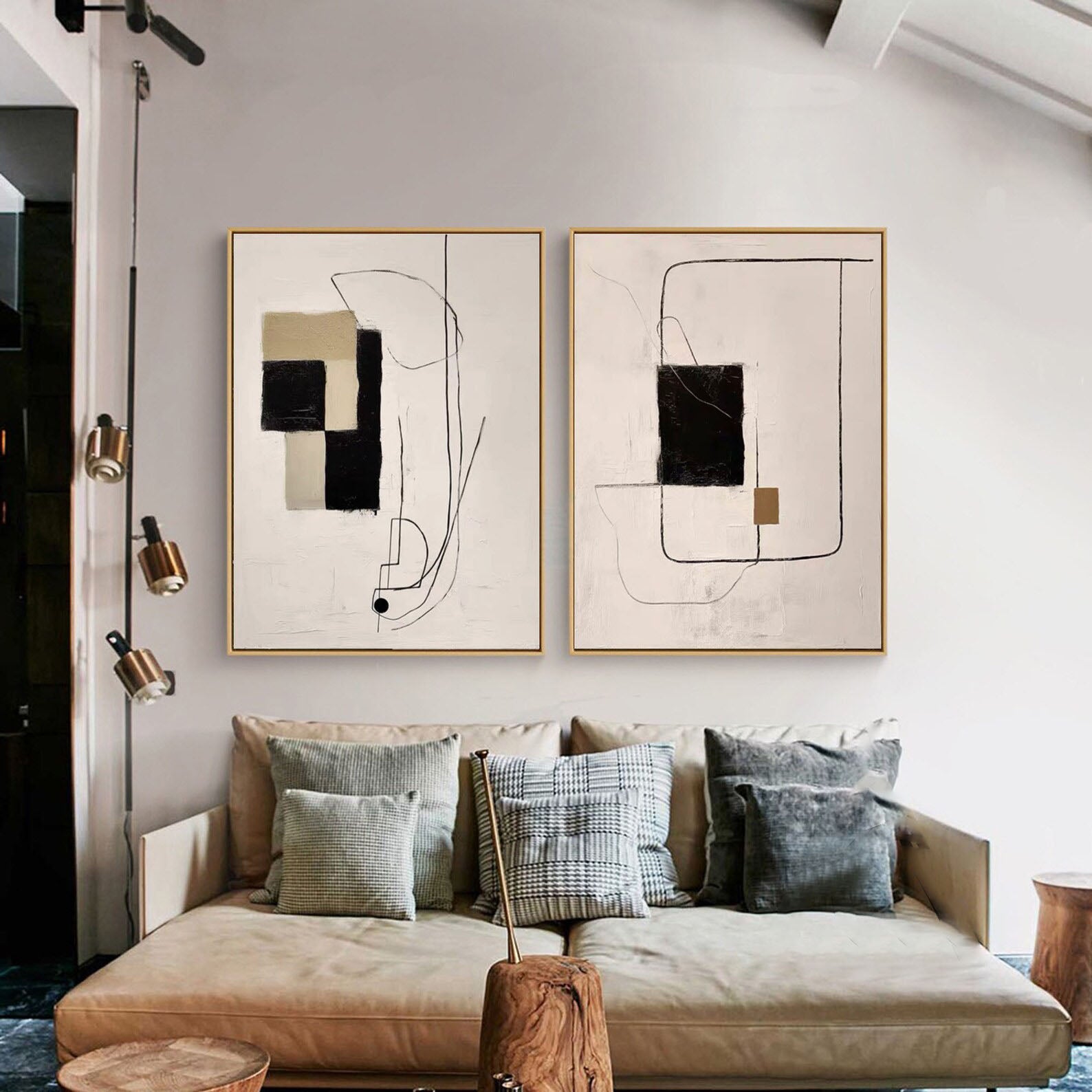 Modern Minimalist Abstract Diptych, Beige Black Khaki Geo #TB 083