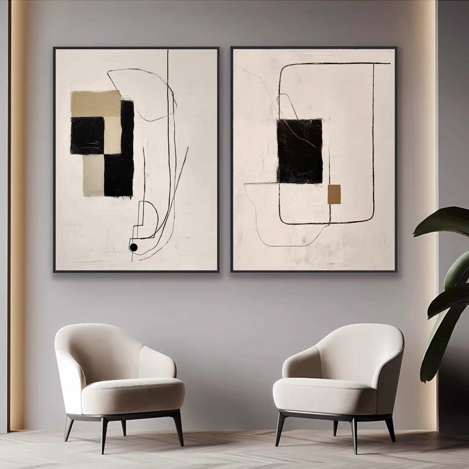 Modern Minimalist Abstract Diptych, Beige Black Khaki Geo #TB 083