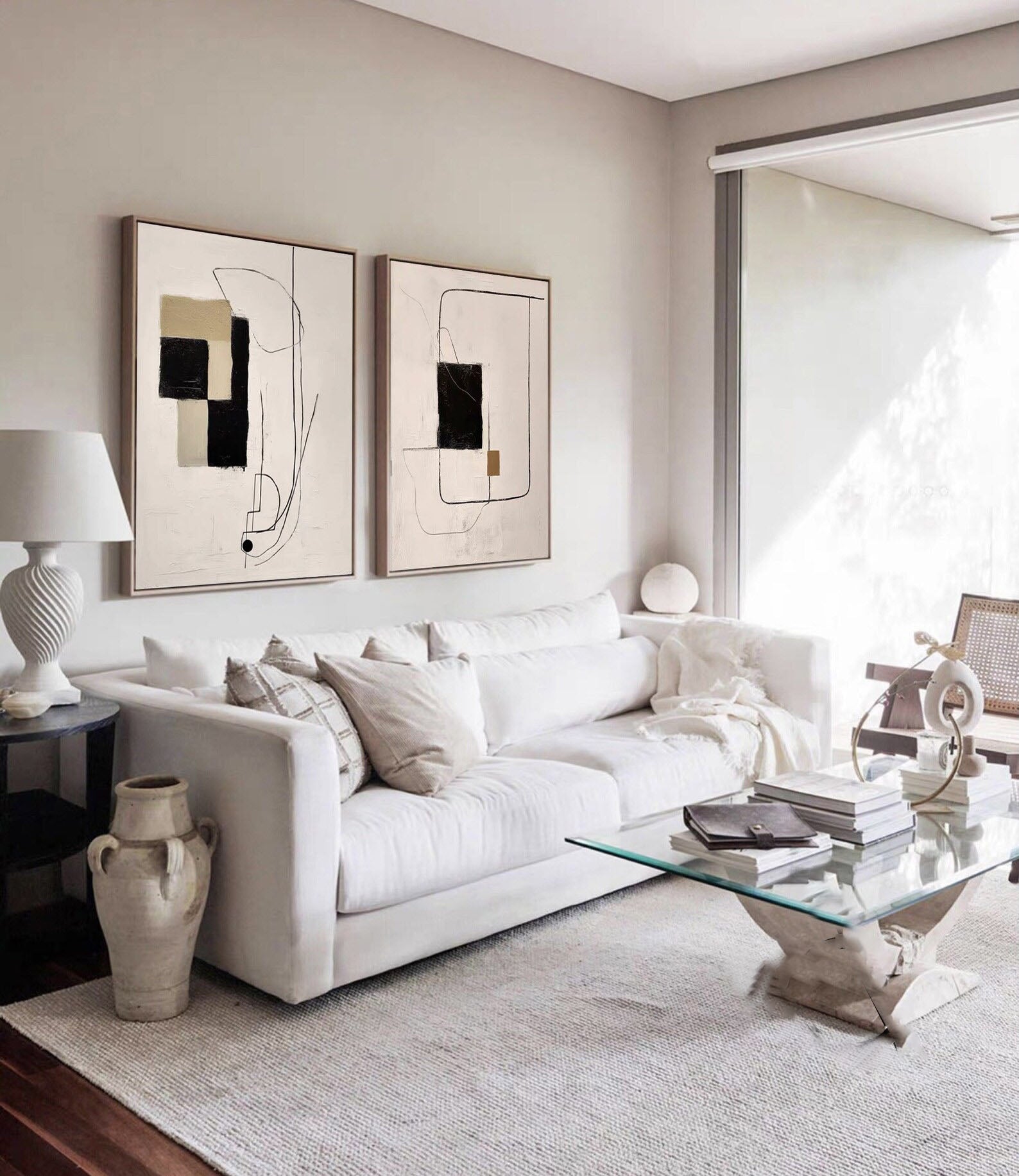 Modern Minimalist Abstract Diptych, Beige Black Khaki Geo #TB 083