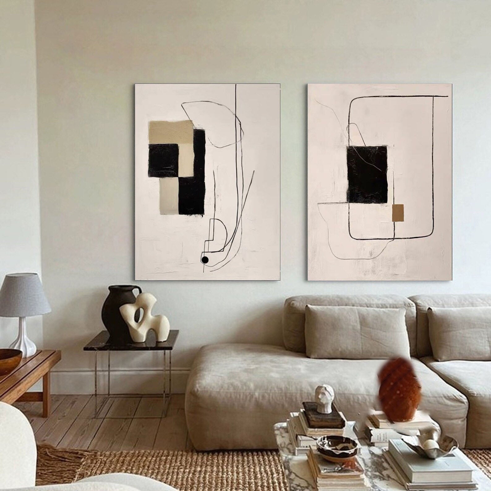 Modern Minimalist Abstract Diptych, Beige Black Khaki Geo #TB 083