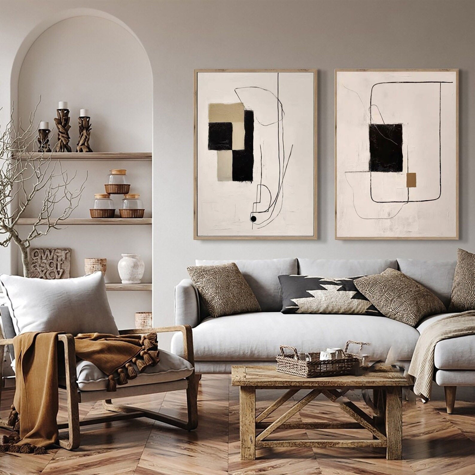 Modern Minimalist Abstract Diptych, Beige Black Khaki Geo #TB 083