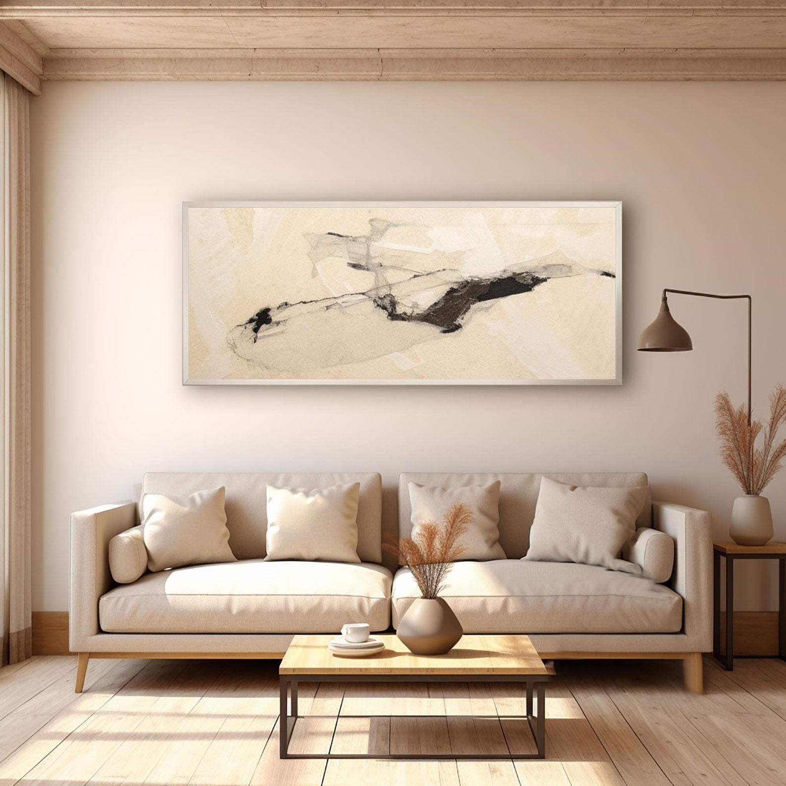 Wabi-Sabi Abstract Art, Beige Black Ink Wash #TB 060