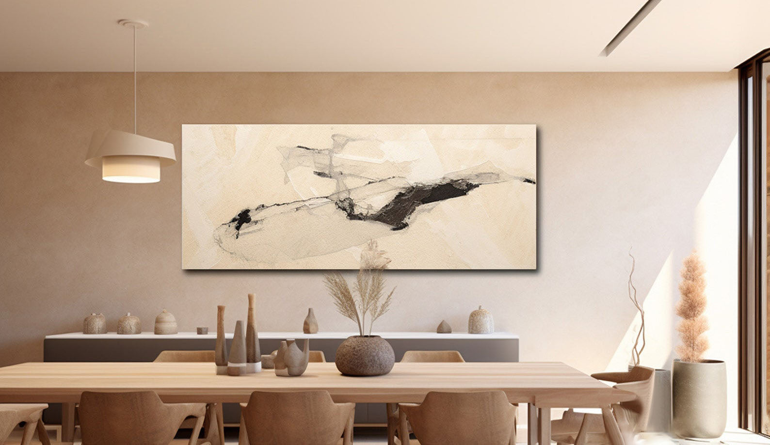 Wabi-Sabi Abstract Art, Beige Black Ink Wash #TB 060