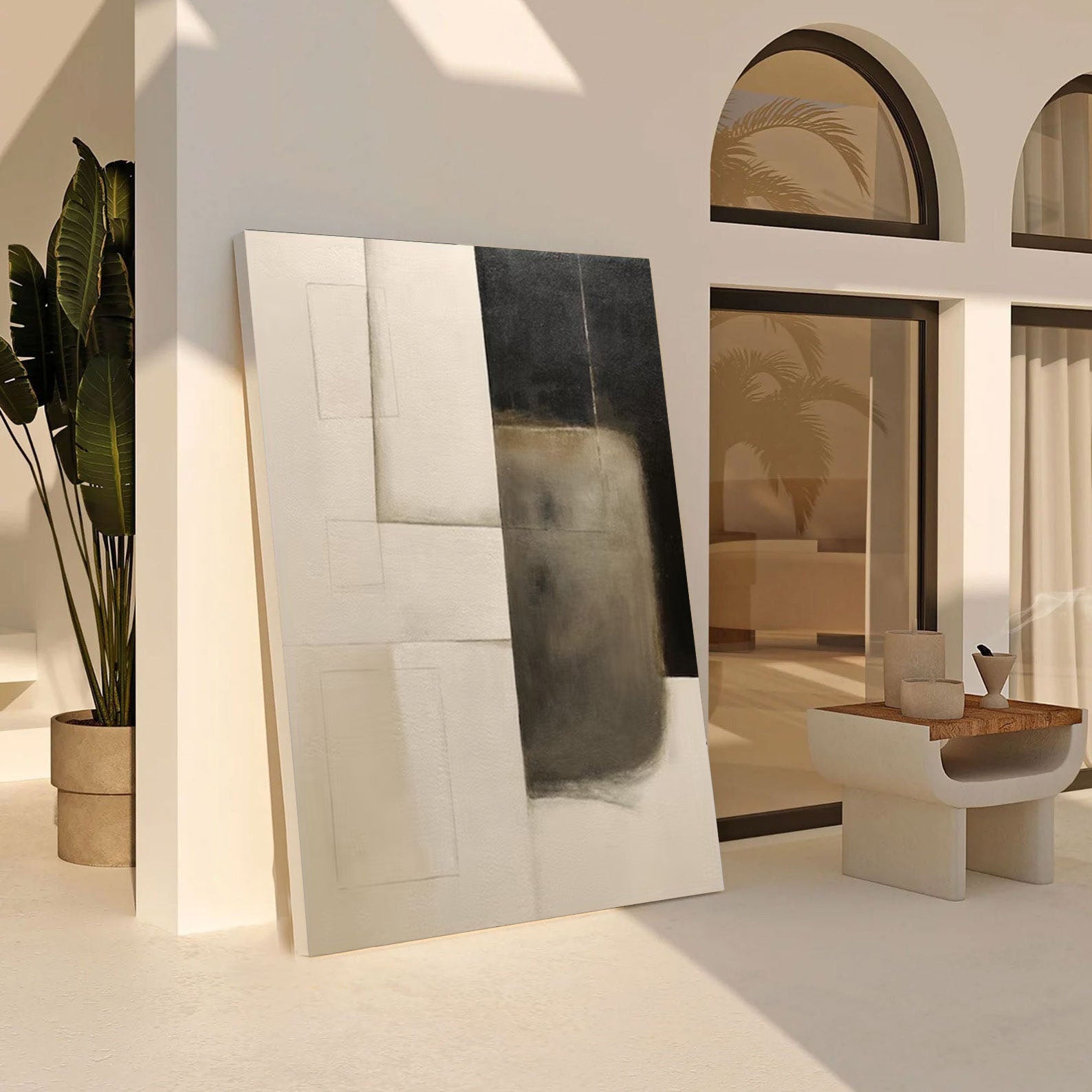 Minimalist Abstract Oil Painting - Beige Black Geometric Canvas Art #JJ 001