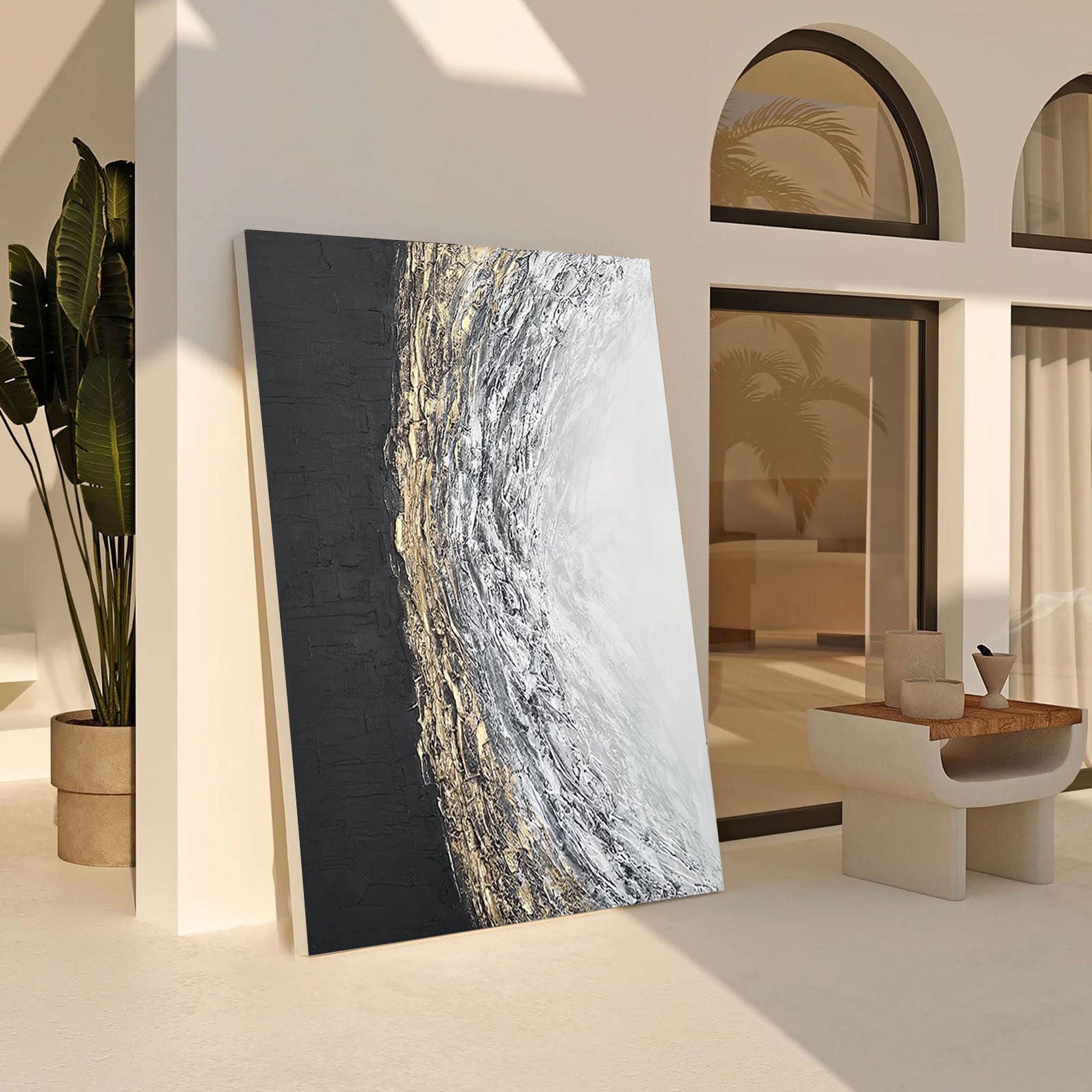 Black White Gold Textured Abstract Oil Painting - Modern Art #JJ 063