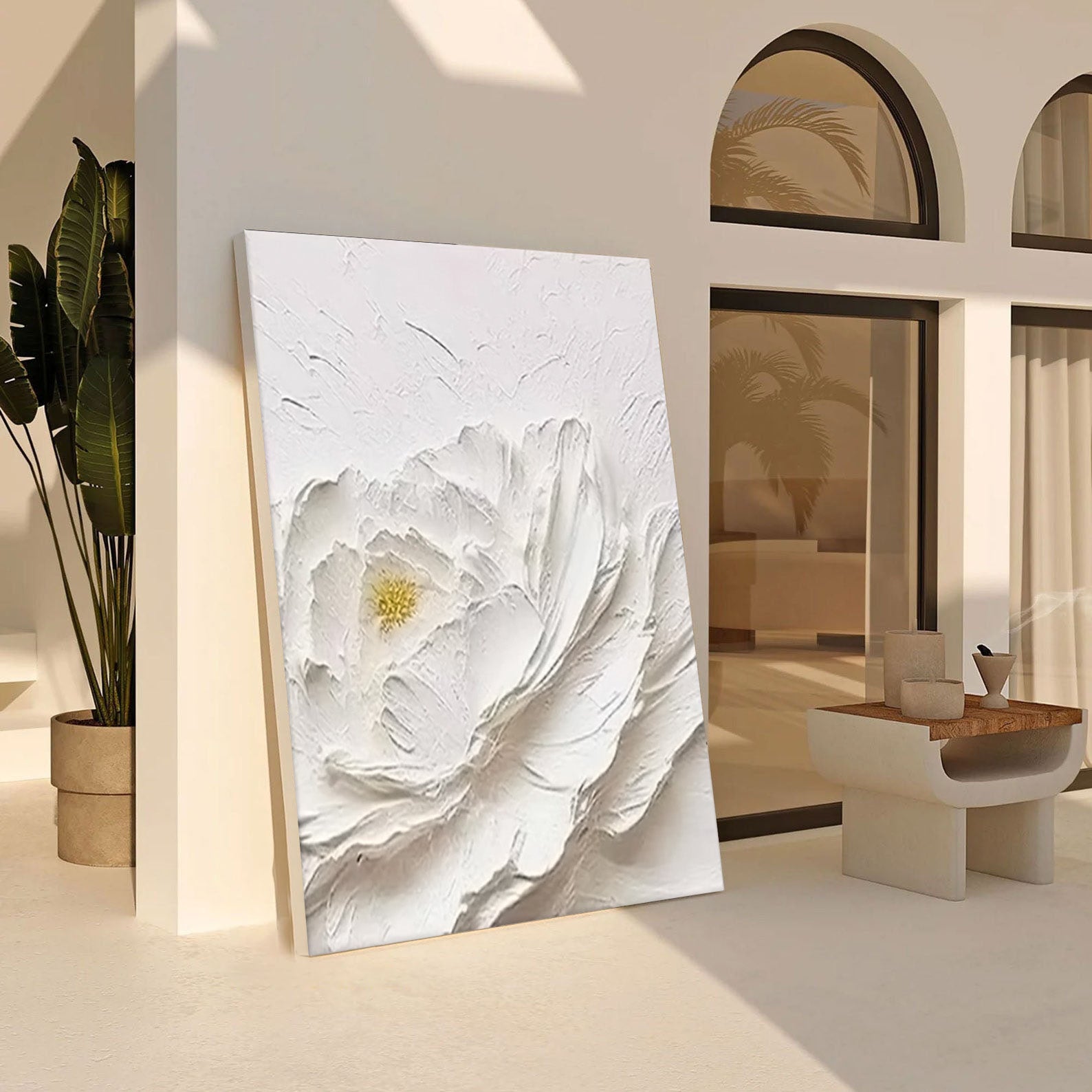 White Textured Floral Abstract Oil Painting - Modern Minimalist Art #JJ 061