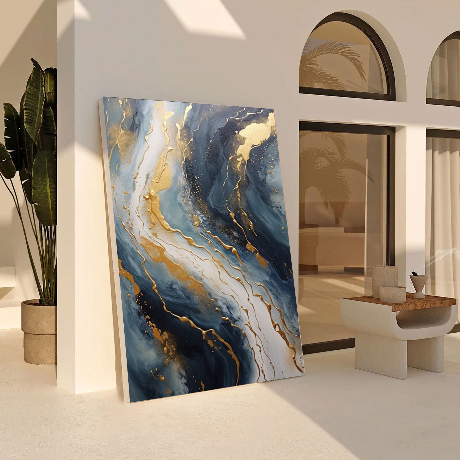 Abstract Gold and Blue Wall Art - Modern Canvas Painting #JJ 058