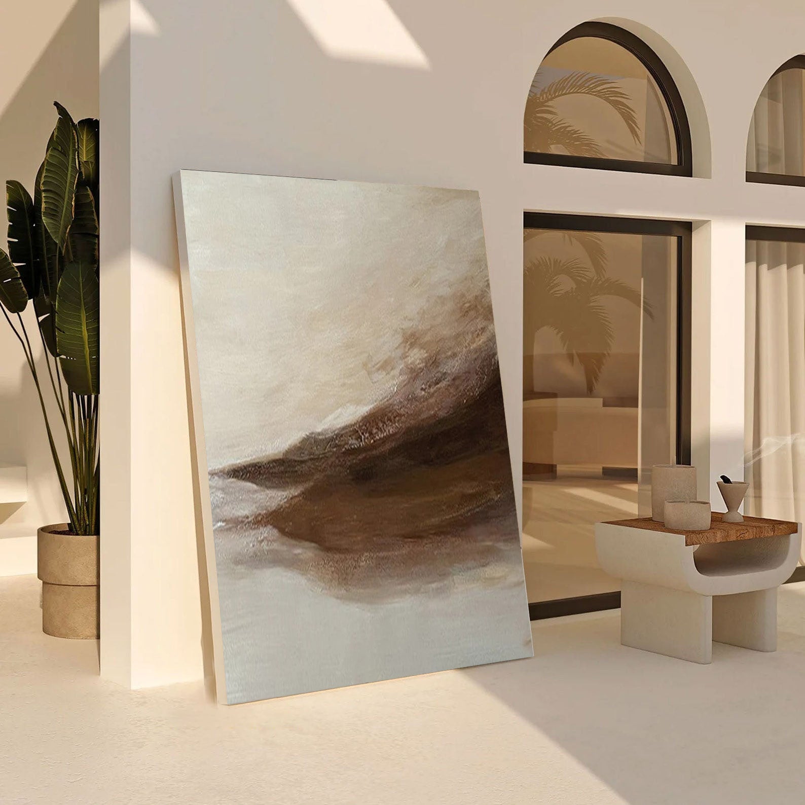 Abstract Landscape Painting | Neutral Beige & Brown Canvas Art #JJ 067