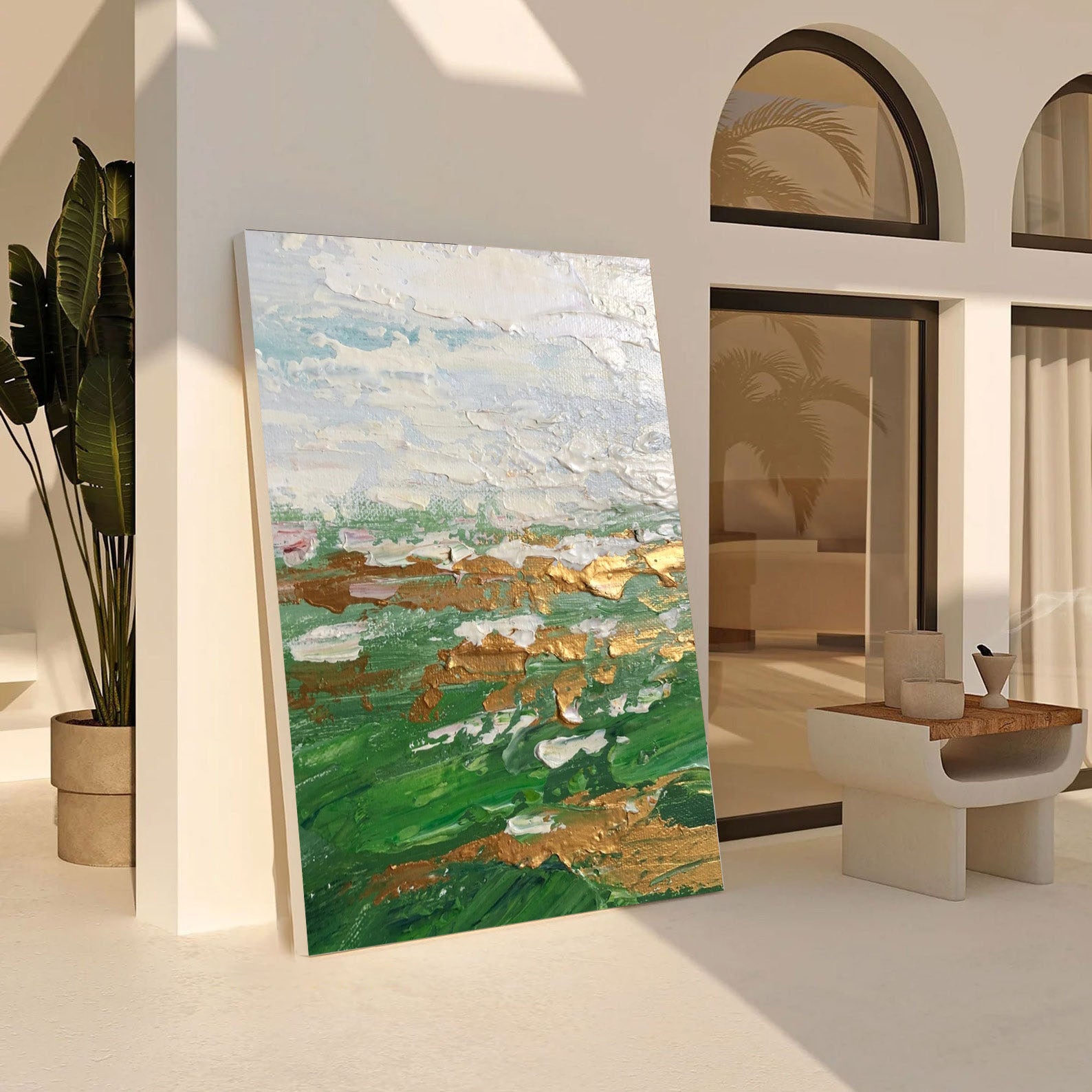 Green Gold and White Abstract Painting | Large Textured Landscape Art #JJ 069