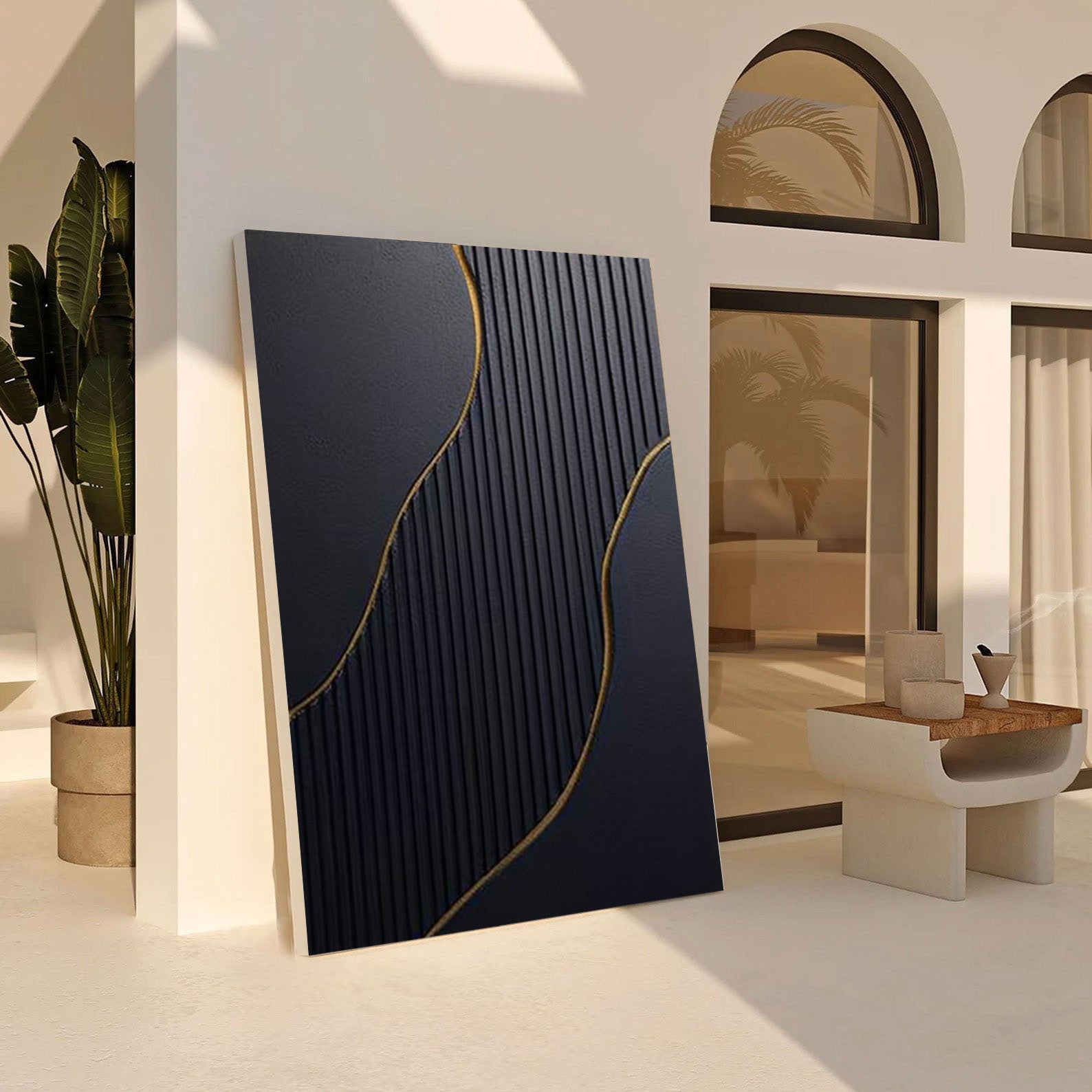 Textured Black and Gold Abstract Art | Modern Linear Canvas Painting #JJ 057