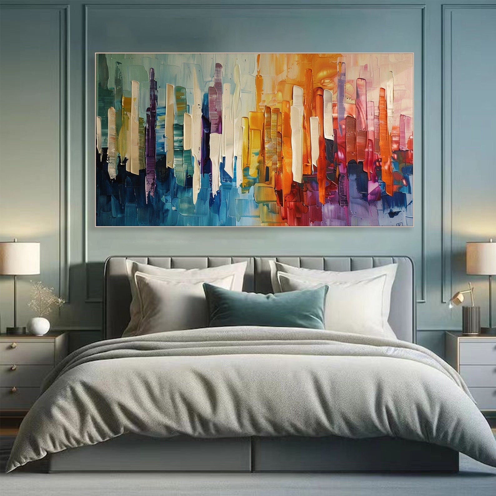 Modern City Abstract Oil Painting, Colorful Skyline Art Wall Decor #TB 055