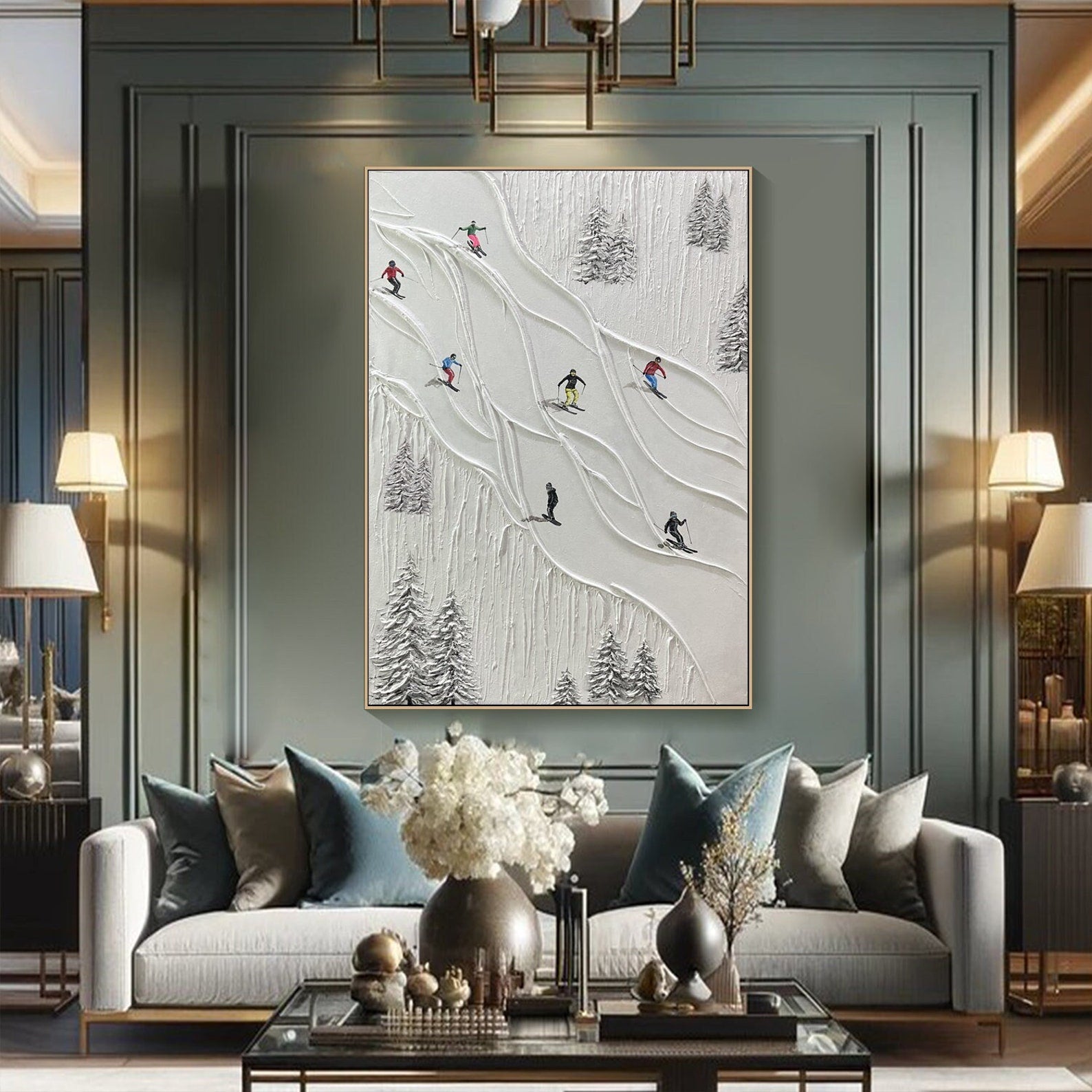 Modern 3D Embossed Skiing Art, White Snow Mountain #TB 071