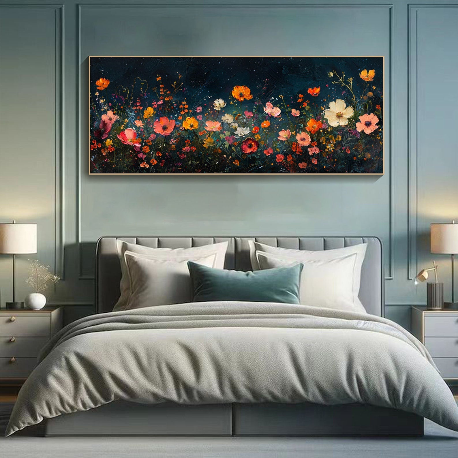 Dark Background Abstract Floral Oil Painting, Modern Romantic #TB 068