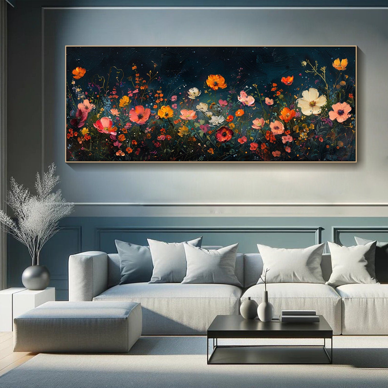 Dark Background Abstract Floral Oil Painting, Modern Romantic #TB 068