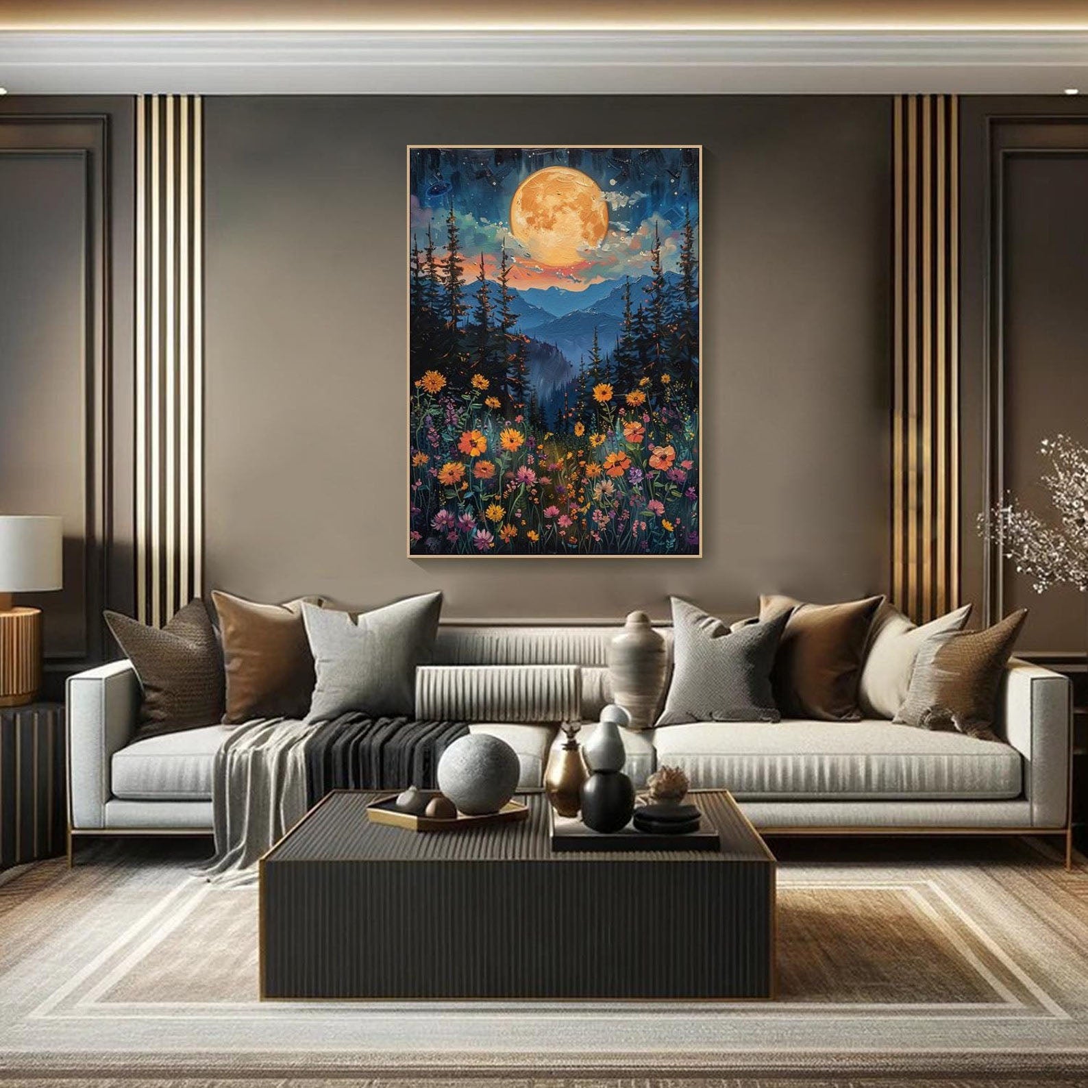 Moonlight Forest Abstract Oil Painting, Modern Dreamy Night #TB 073