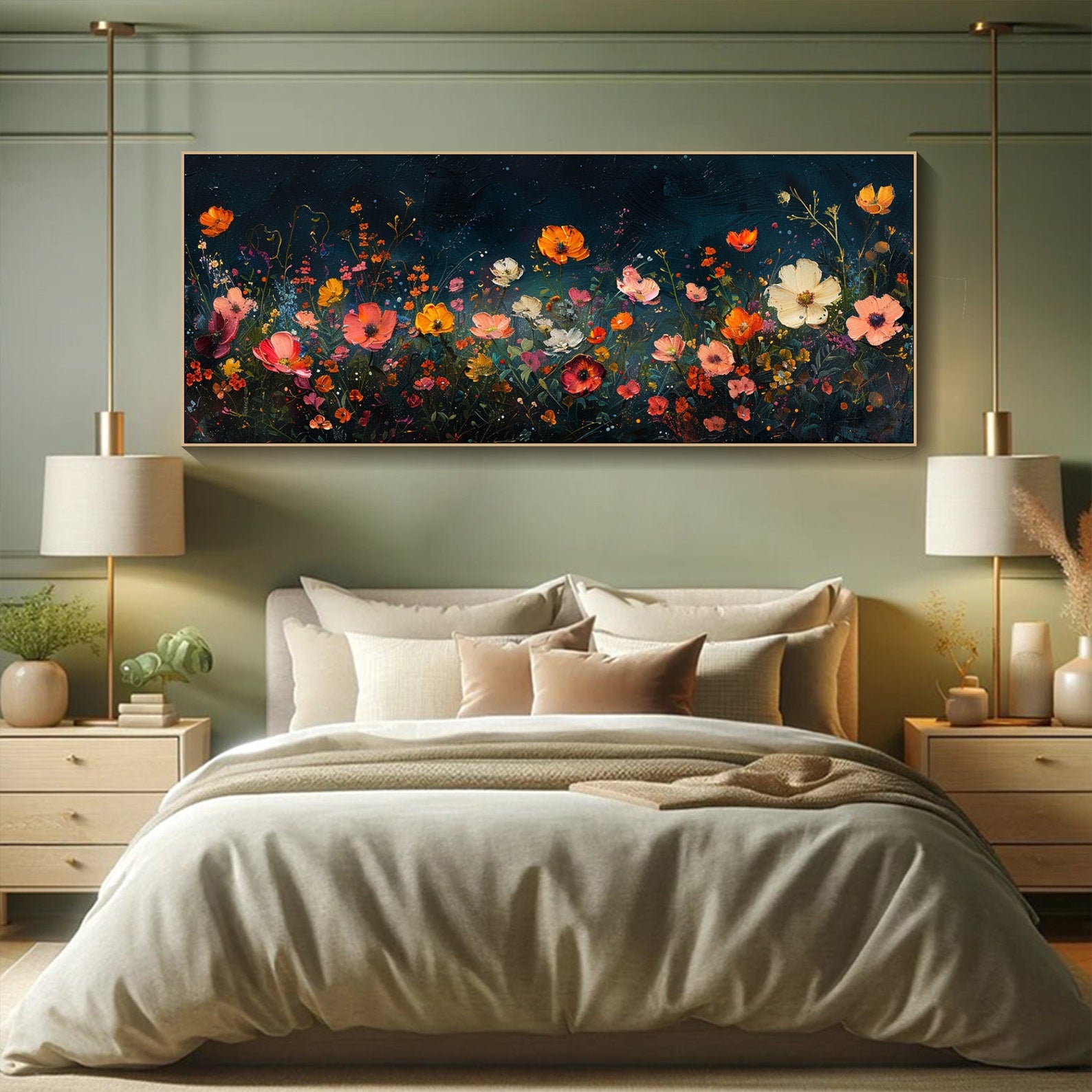 Modern Abstract Floral Art, Dark Background Warm Blooms