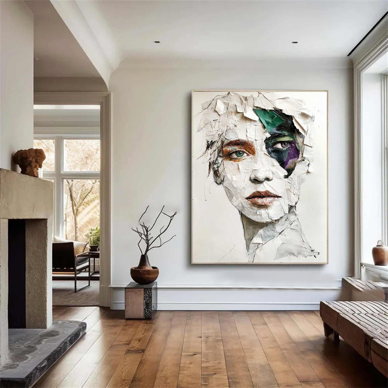 White Gray Abstract Face Art, Modern Green Purple Wall Decor