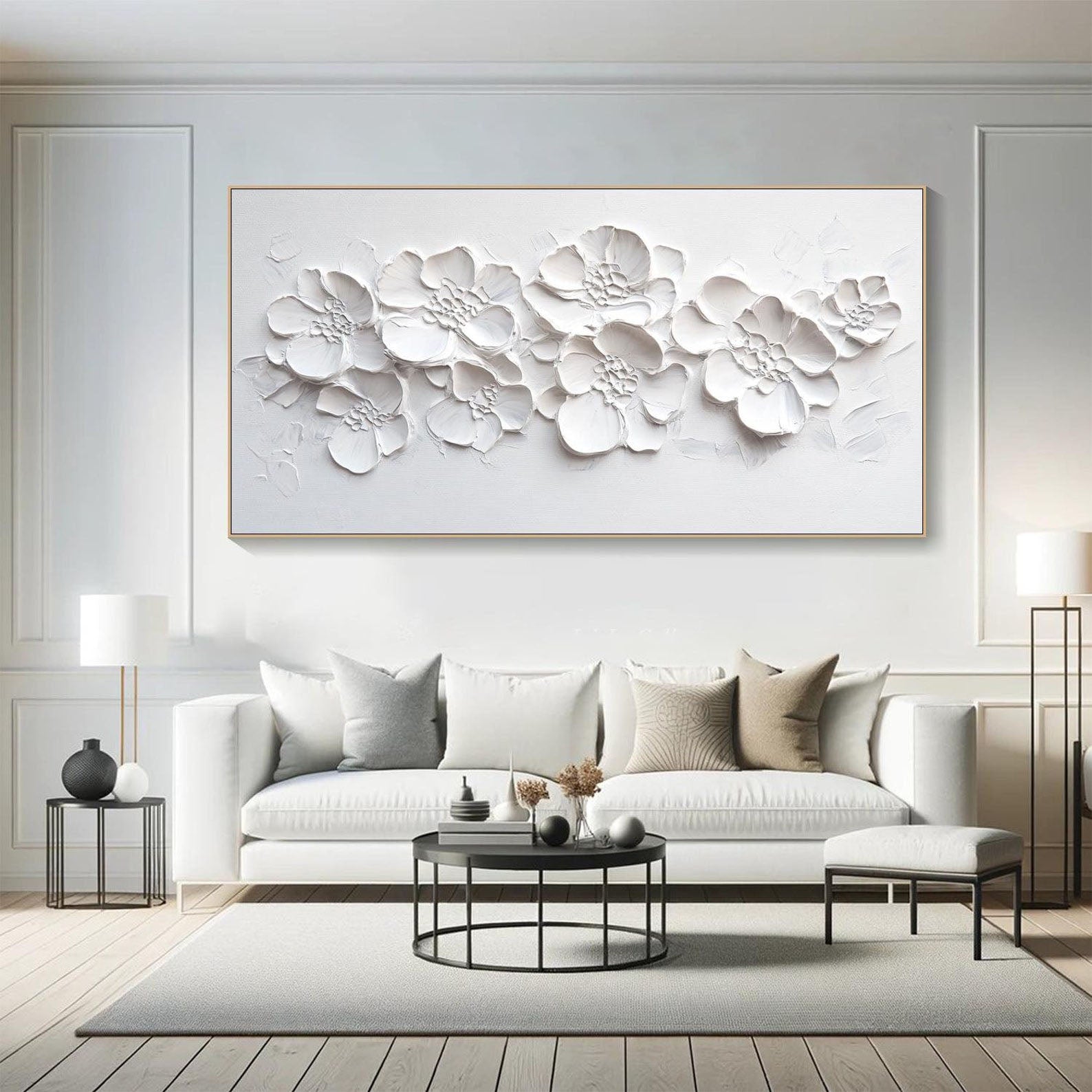 Impasto White Floral Painting - Modern Home Decoration