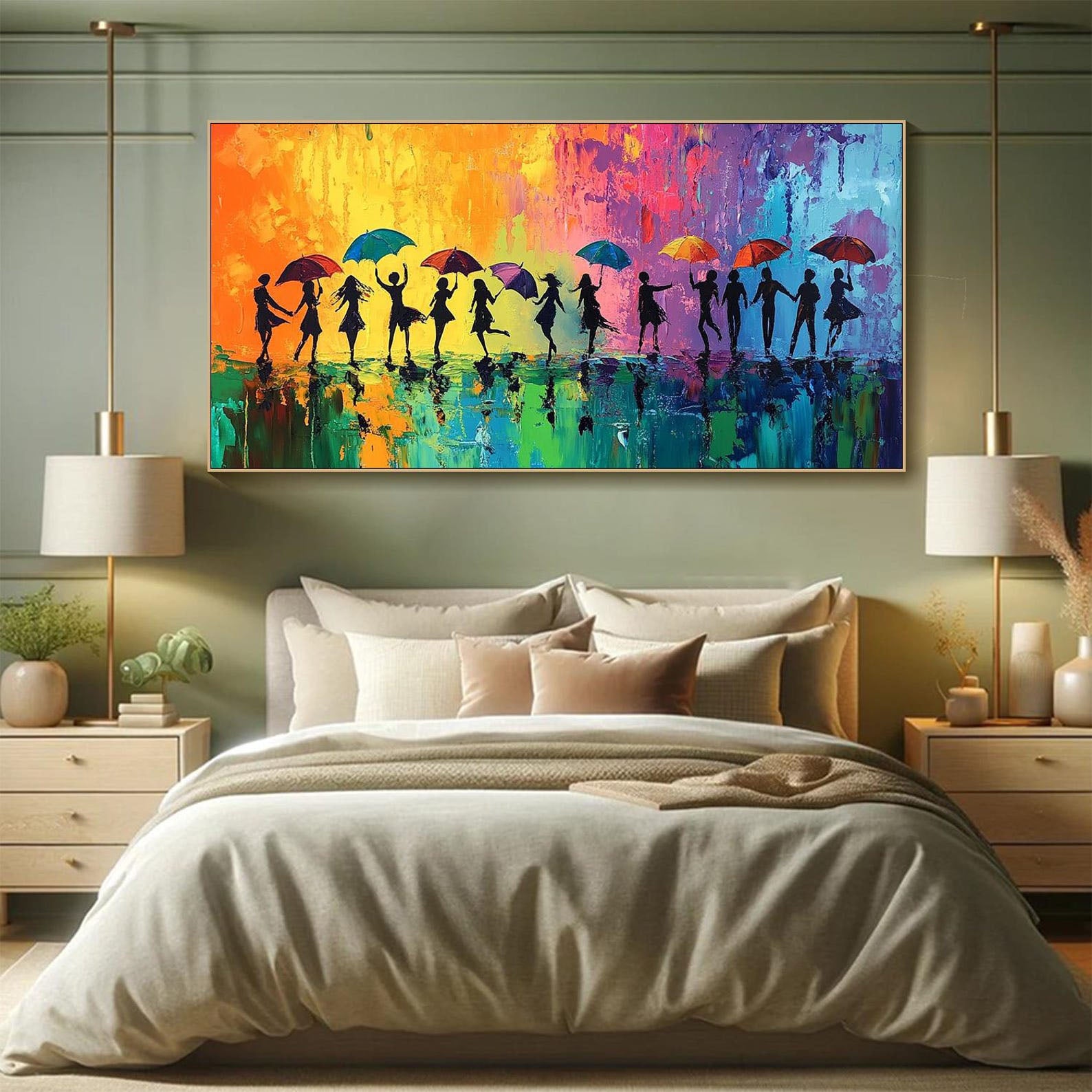 Modern Rain Dance Art, Colorful Umbrellas Lively Decor