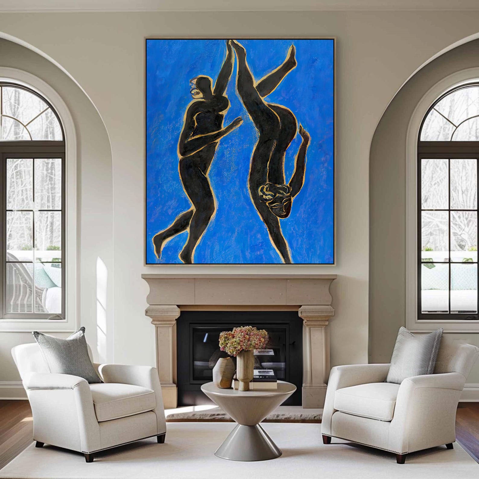 Modern Vivid Blue Figure Art, Gold Line Abstract