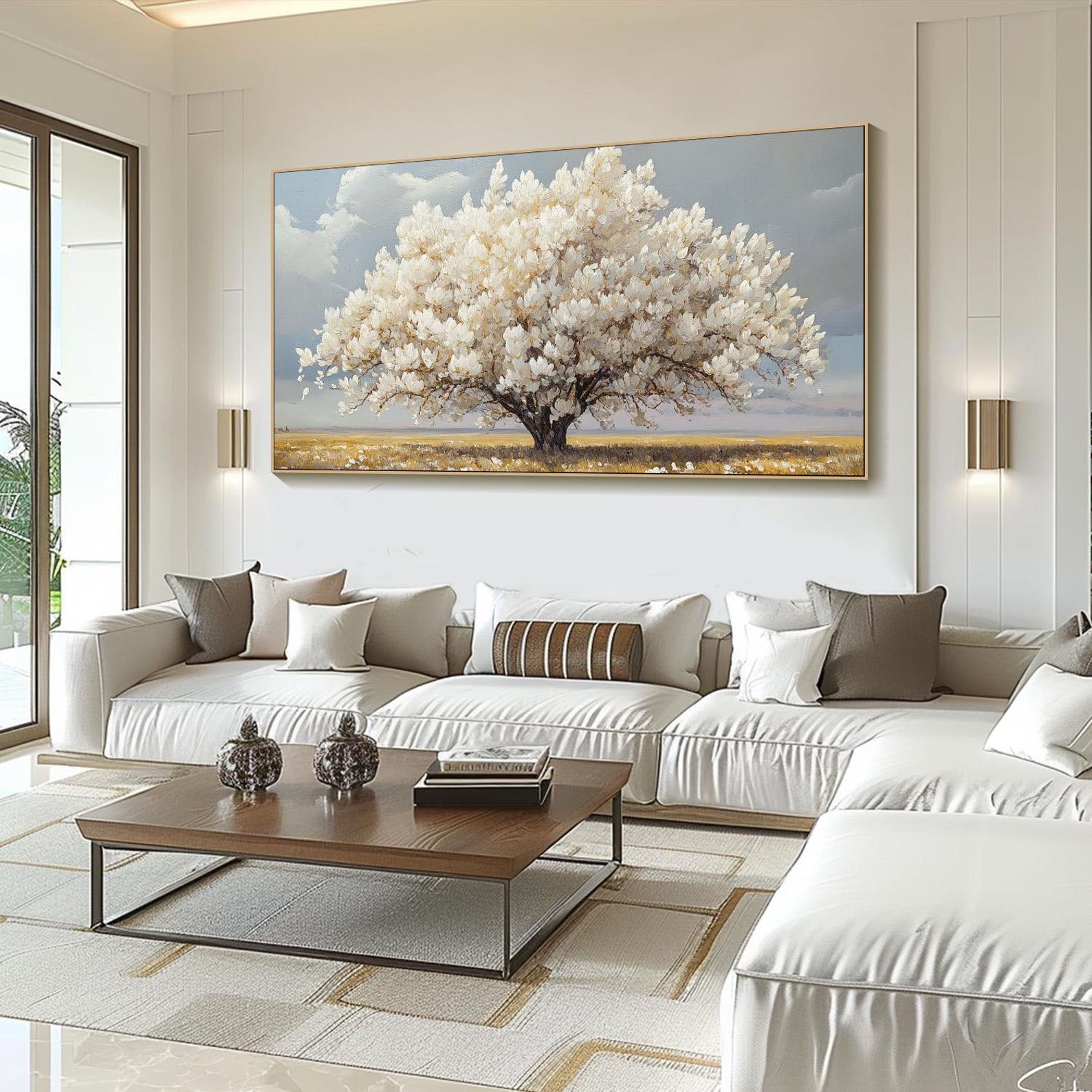 Modern White Blossom Tree Painting, Serene Countryside #TB 079