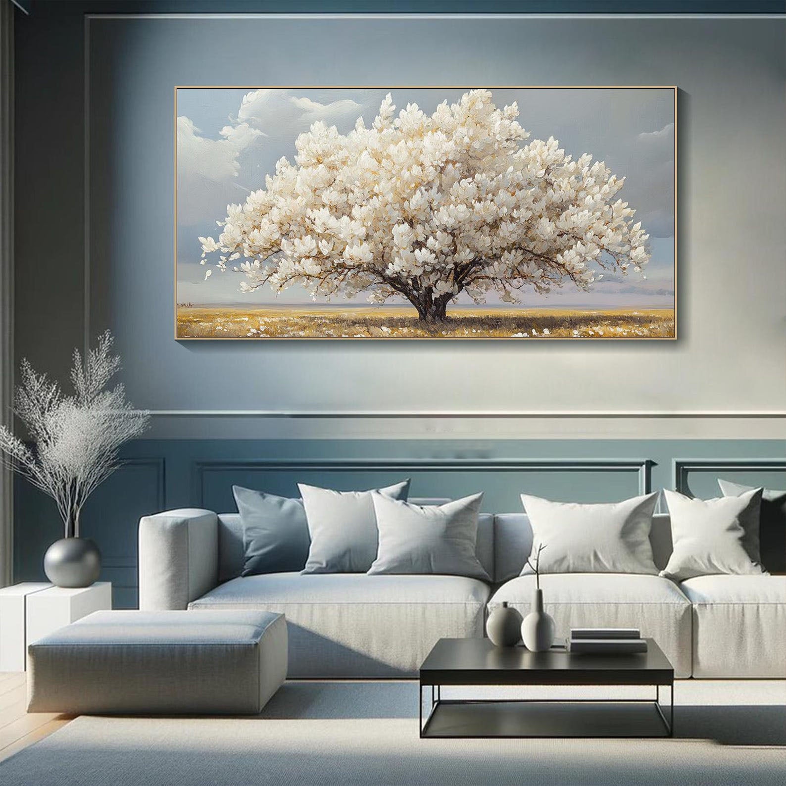 Modern White Blossom Tree Painting, Serene Countryside #TB 079