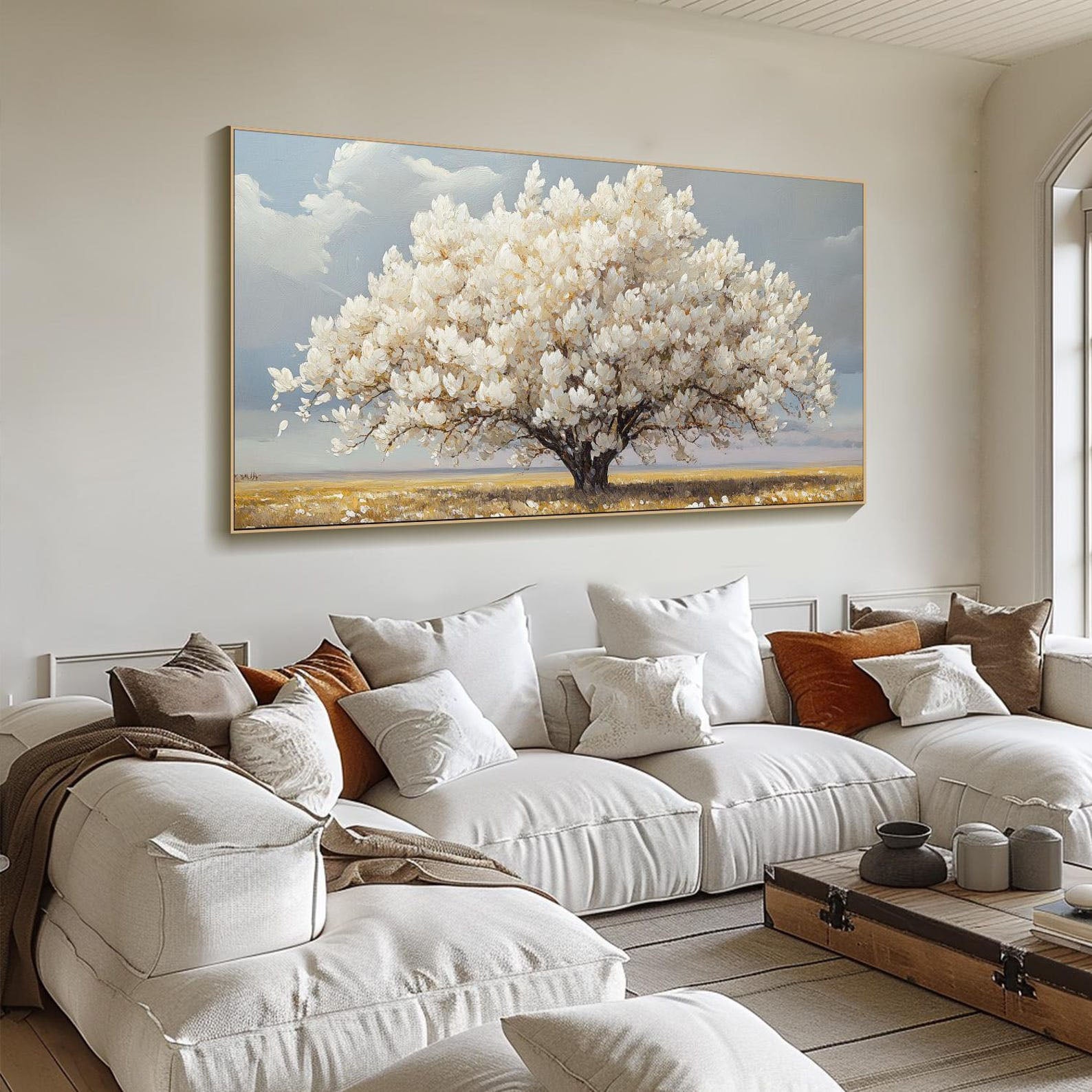 Modern White Blossom Tree Painting, Serene Countryside #TB 079