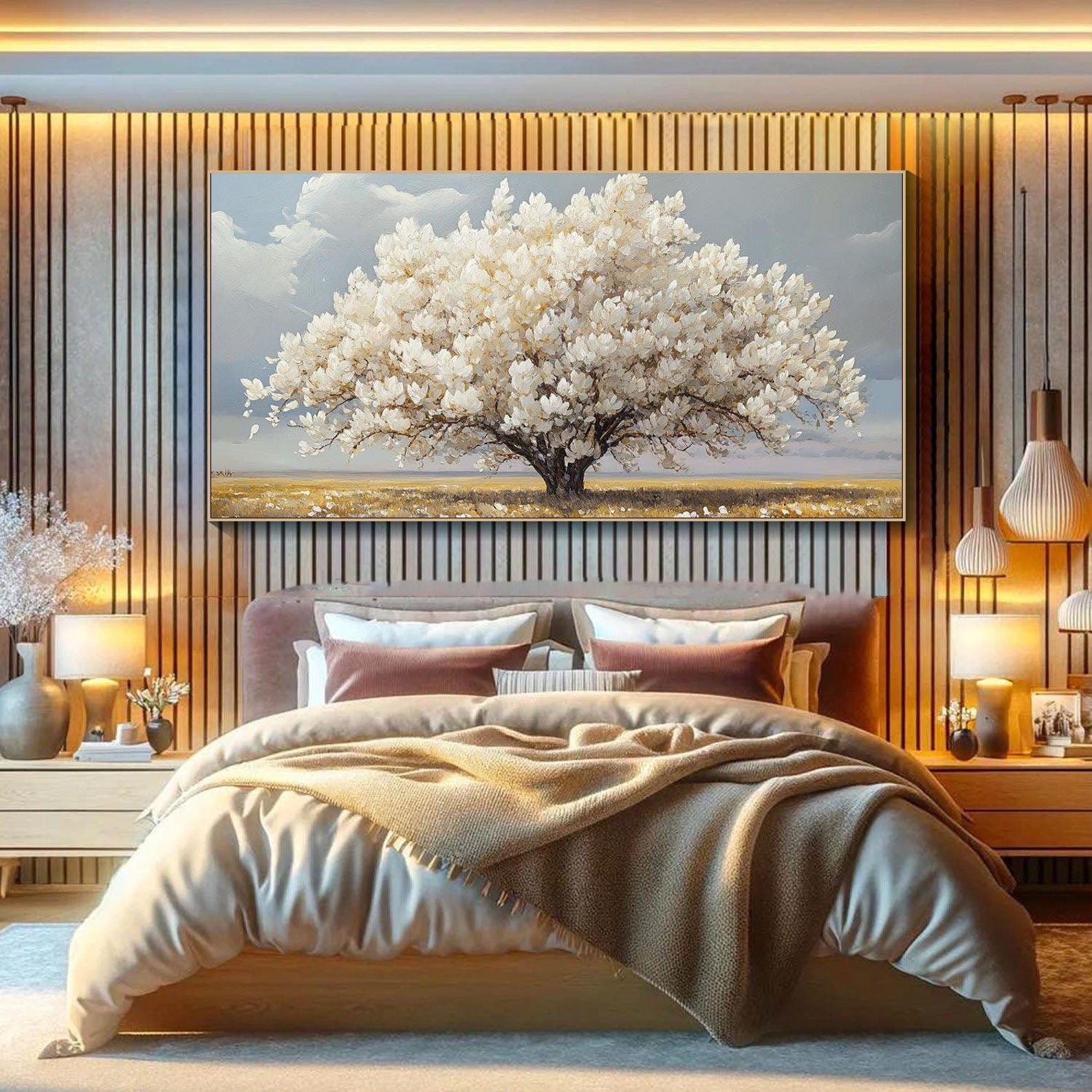 Modern White Blossom Tree Painting, Serene Countryside #TB 079