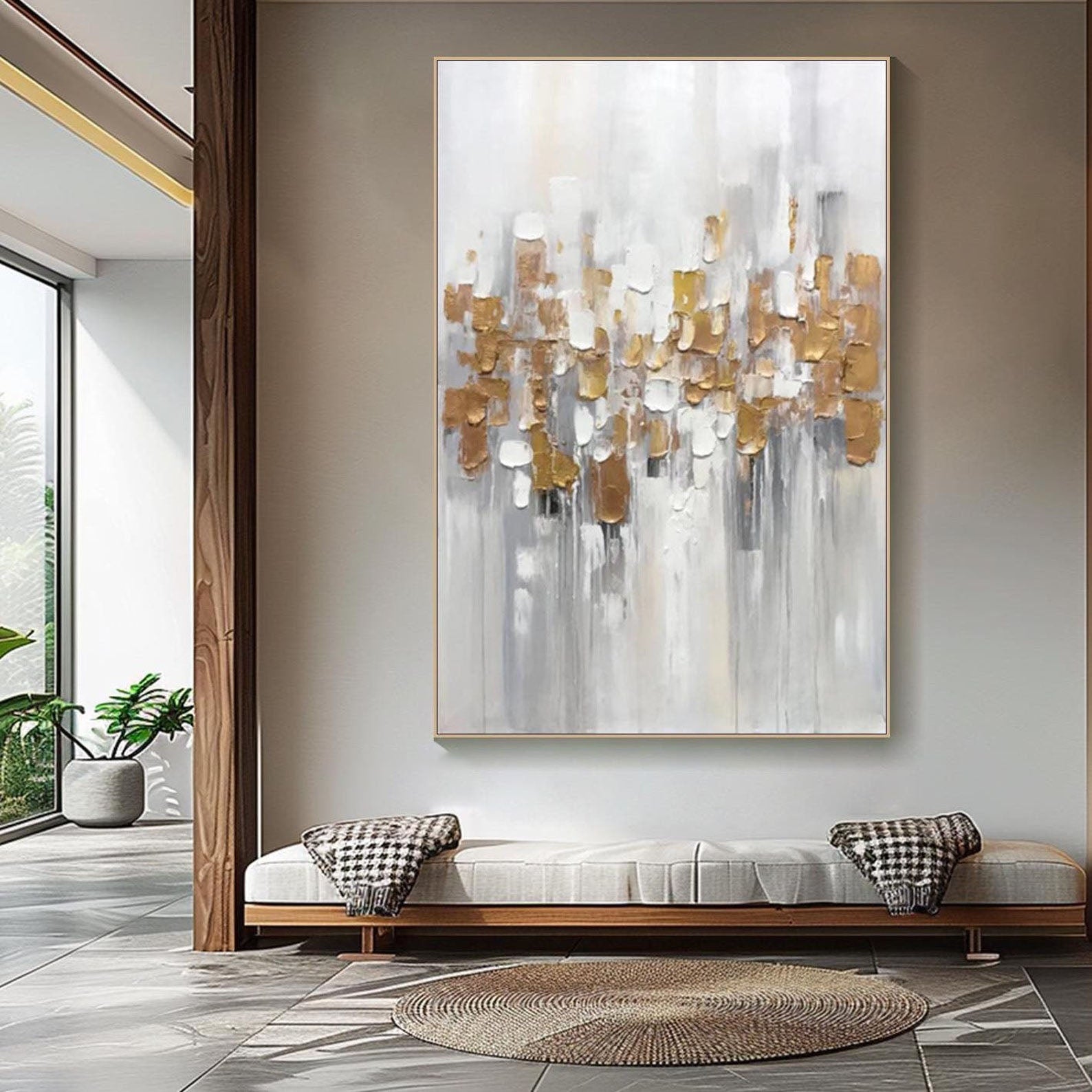 Modern Abstract Textured Oil Painting, White Gray Gold #TB 065