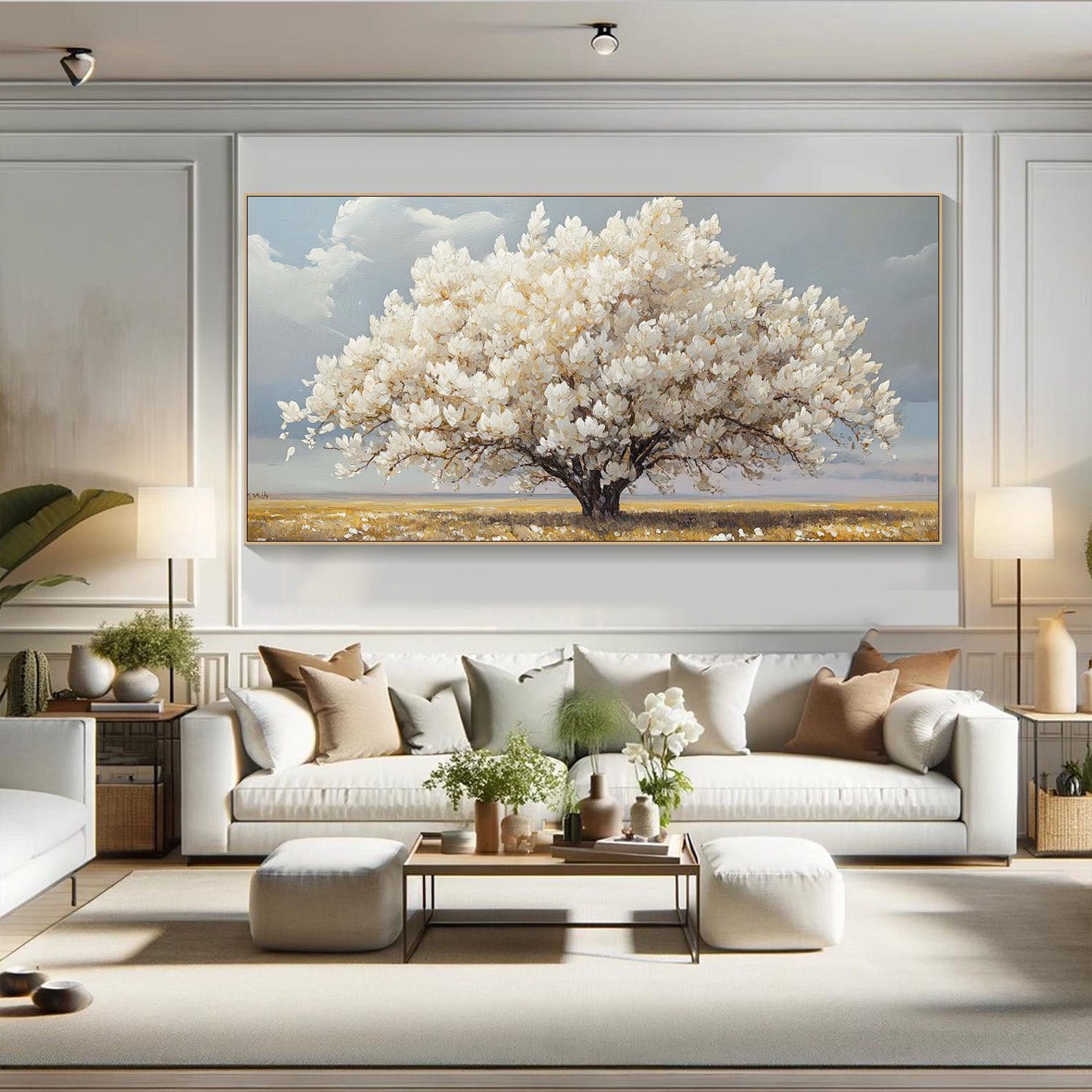 Modern White Blossom Tree Painting, Serene Countryside #TB 079