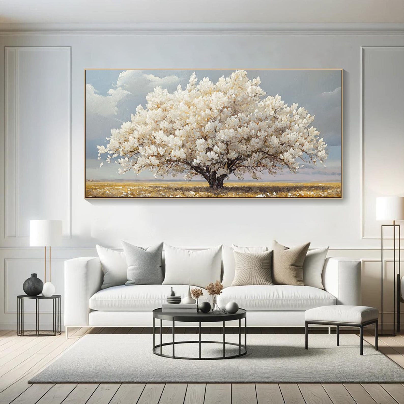 Modern White Blossom Tree Painting, Serene Countryside #TB 079