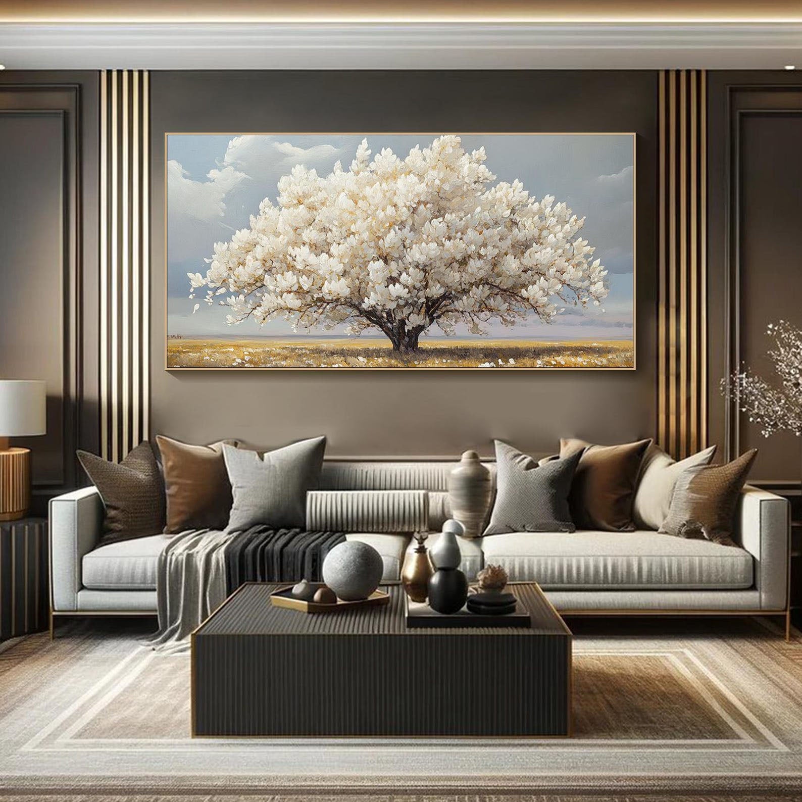 Modern White Blossom Tree Painting, Serene Countryside #TB 079