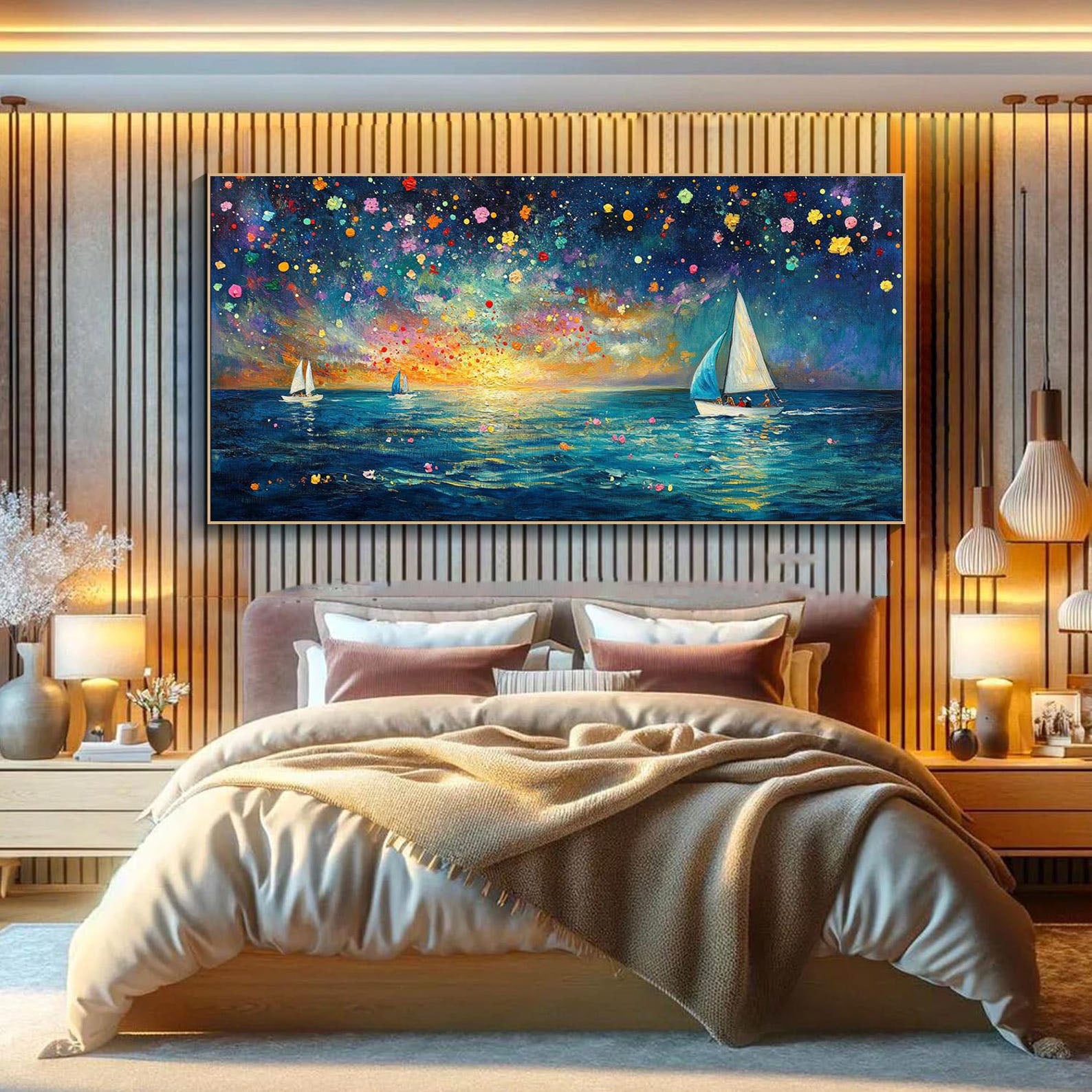 Modern Abstract Night Seascape Painting, Starlight Sailboat Decor
