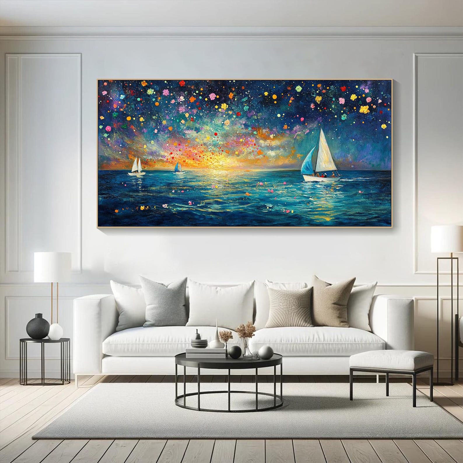 Modern Art Night Sailboat Painting, Vibrant Color Ocean Decor #TB 045