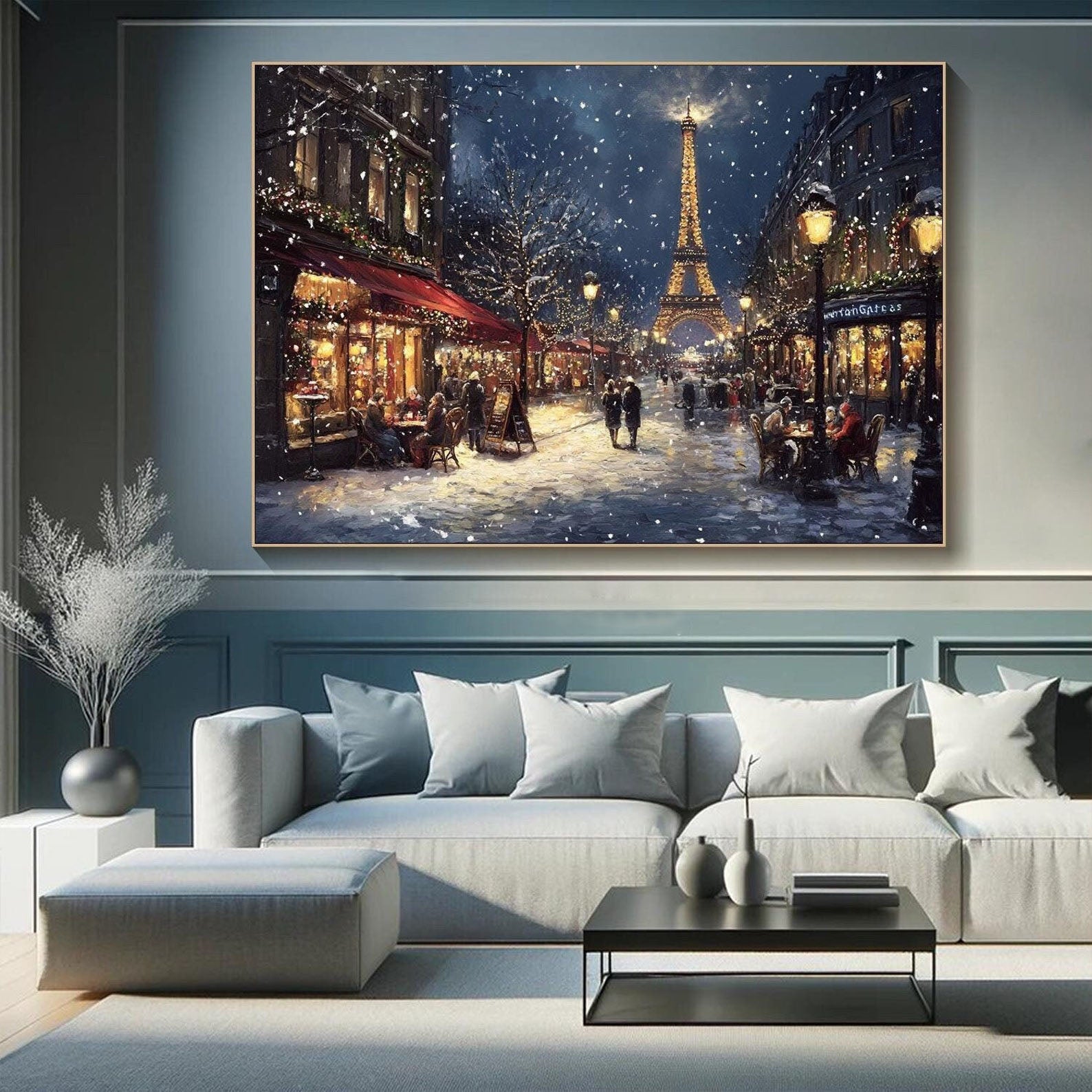 Paris Snowy Night Street Scene, Modern Romantic City Art