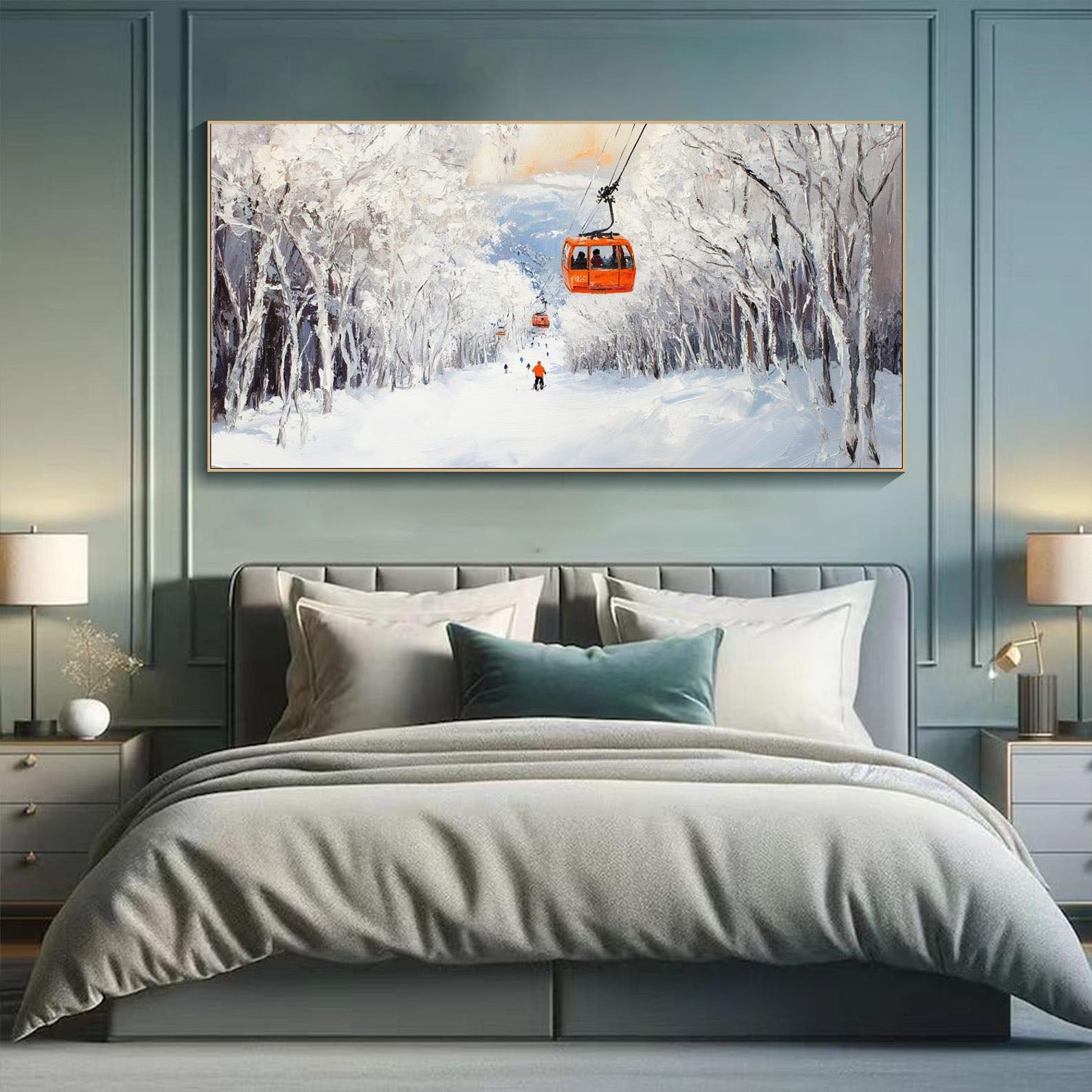 Modern Snow Mountain Art, Winter Ski Lift Sport Decor