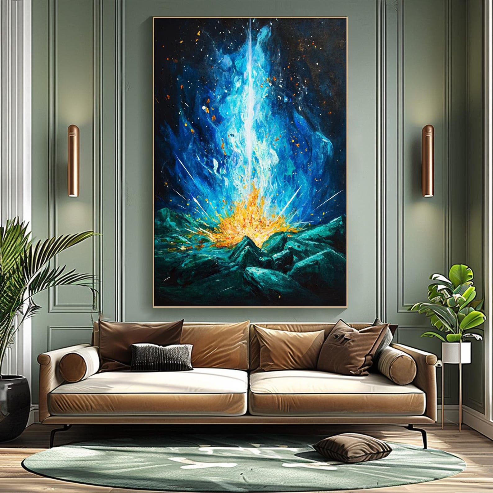Modern Art Flame Painting, Energy Eruption Abstract Decor