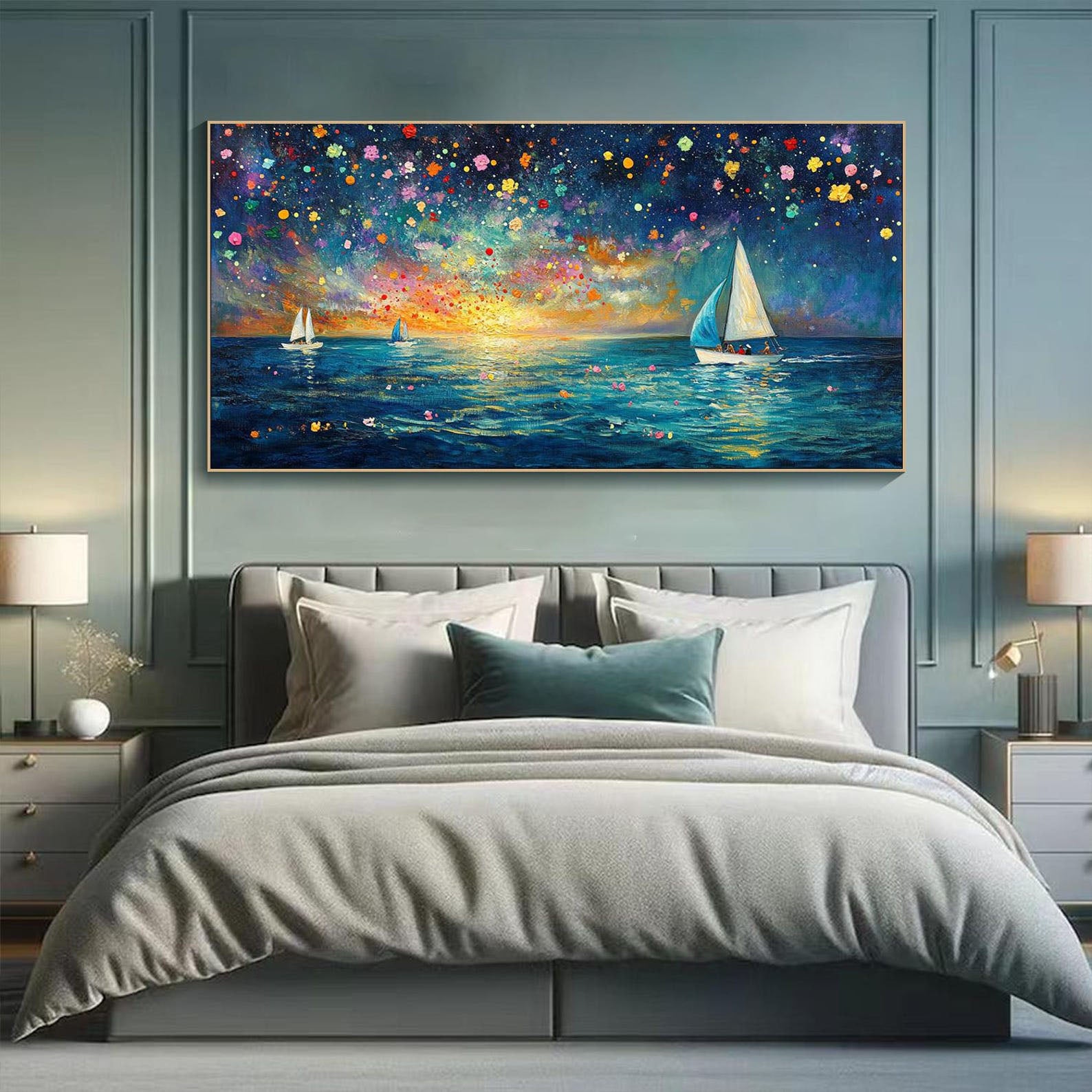 Modern Art Night Sailboat Painting, Vibrant Color Ocean Decor #TB 045
