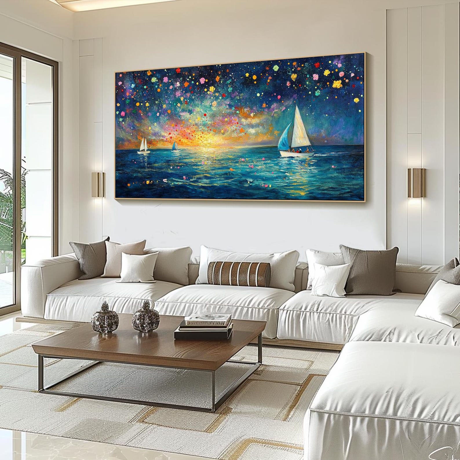 Modern Art Night Sailboat Painting, Vibrant Color Ocean Decor #TB 045