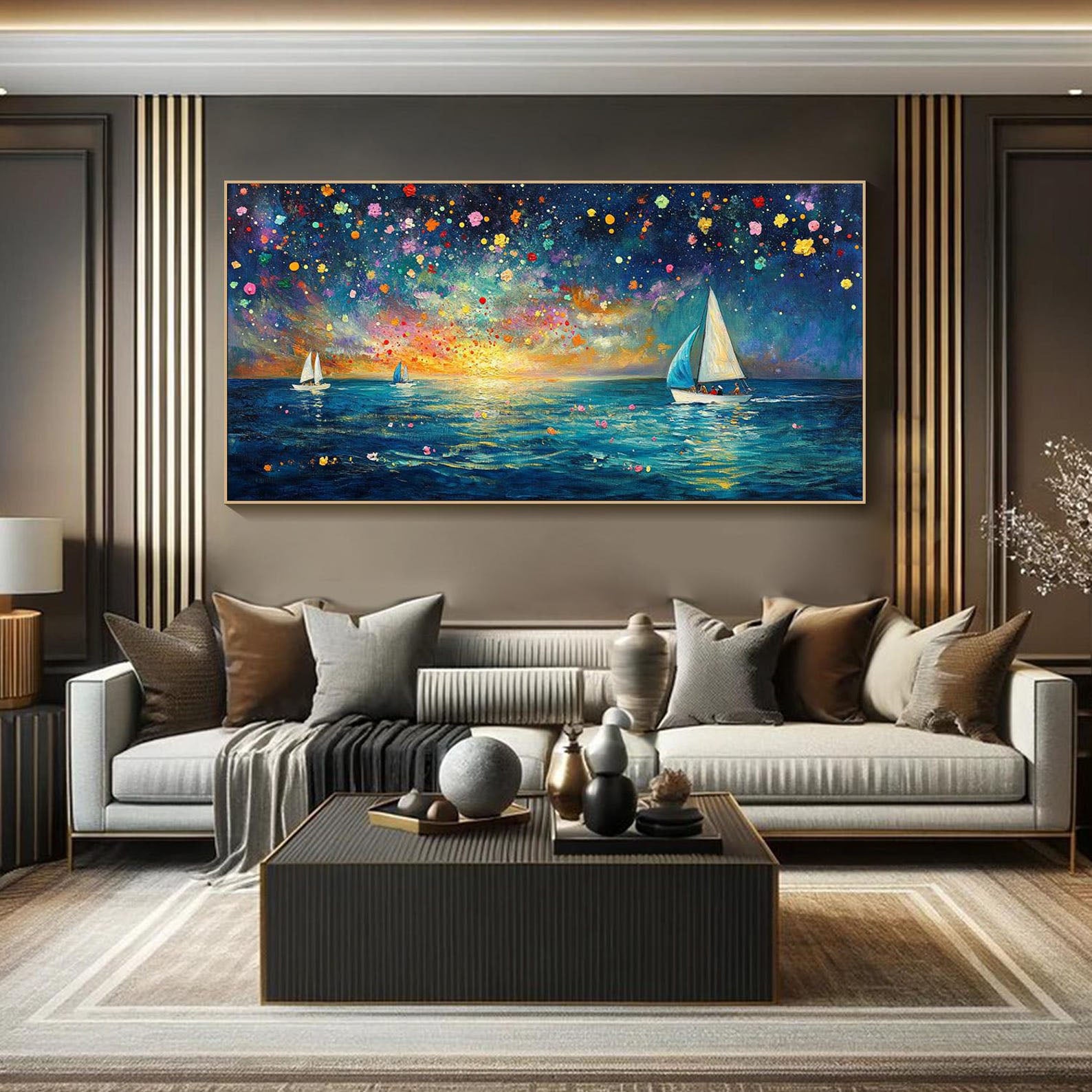 Modern Art Night Sailboat Painting, Vibrant Color Ocean Decor #TB 045