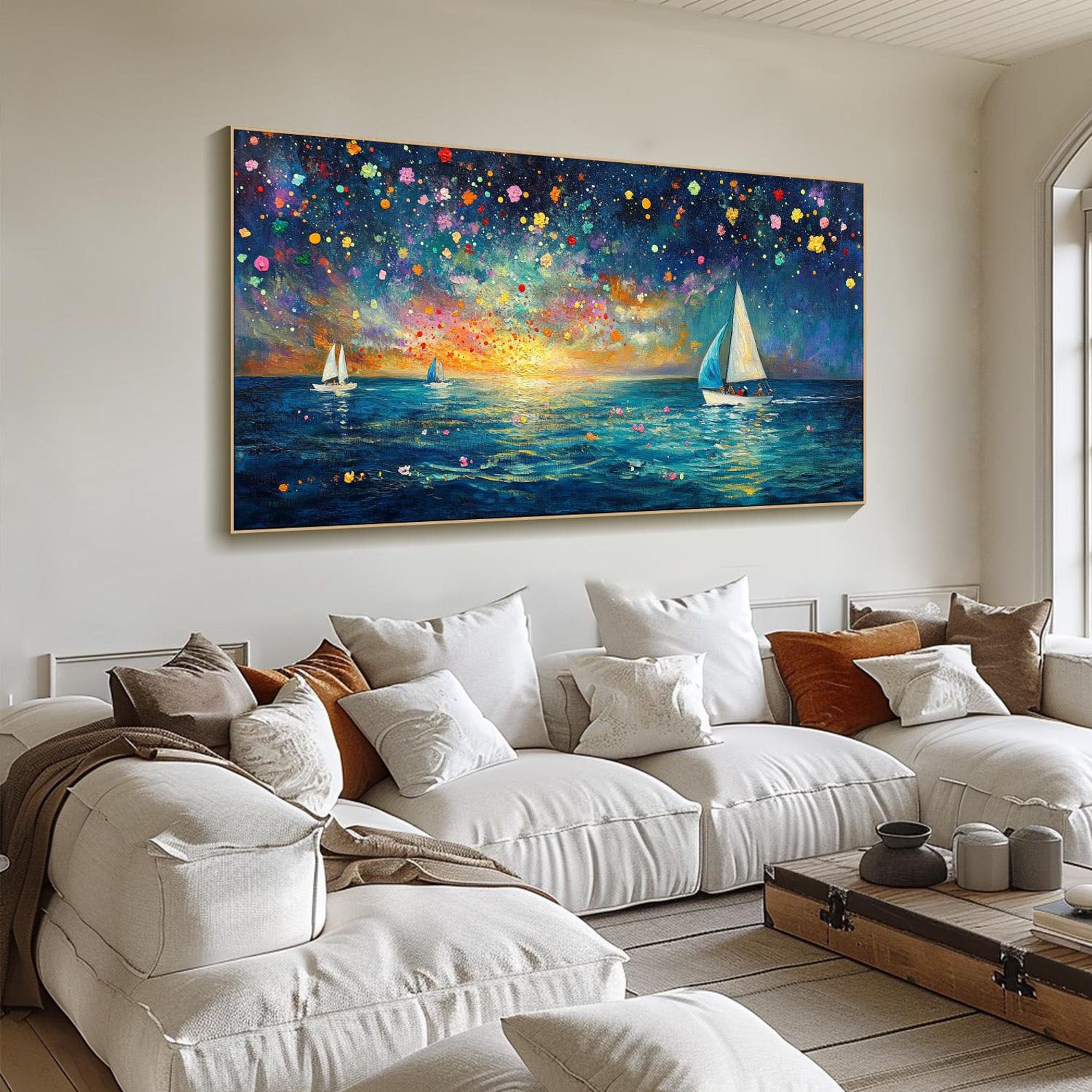 Modern Art Night Sailboat Painting, Vibrant Color Ocean Decor #TB 045