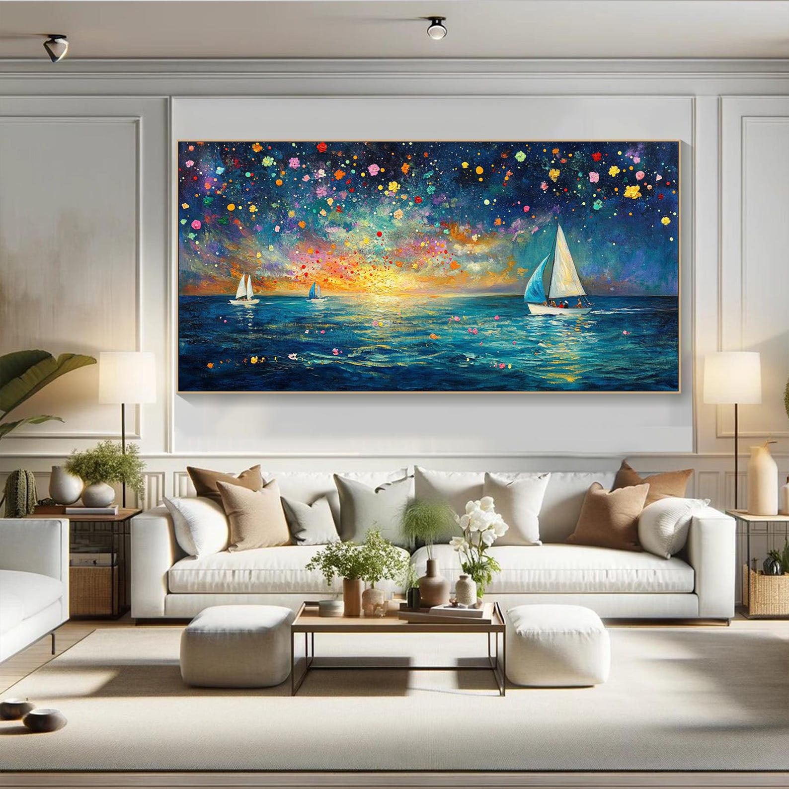 Modern Art Night Sailboat Painting, Vibrant Color Ocean Decor #TB 045