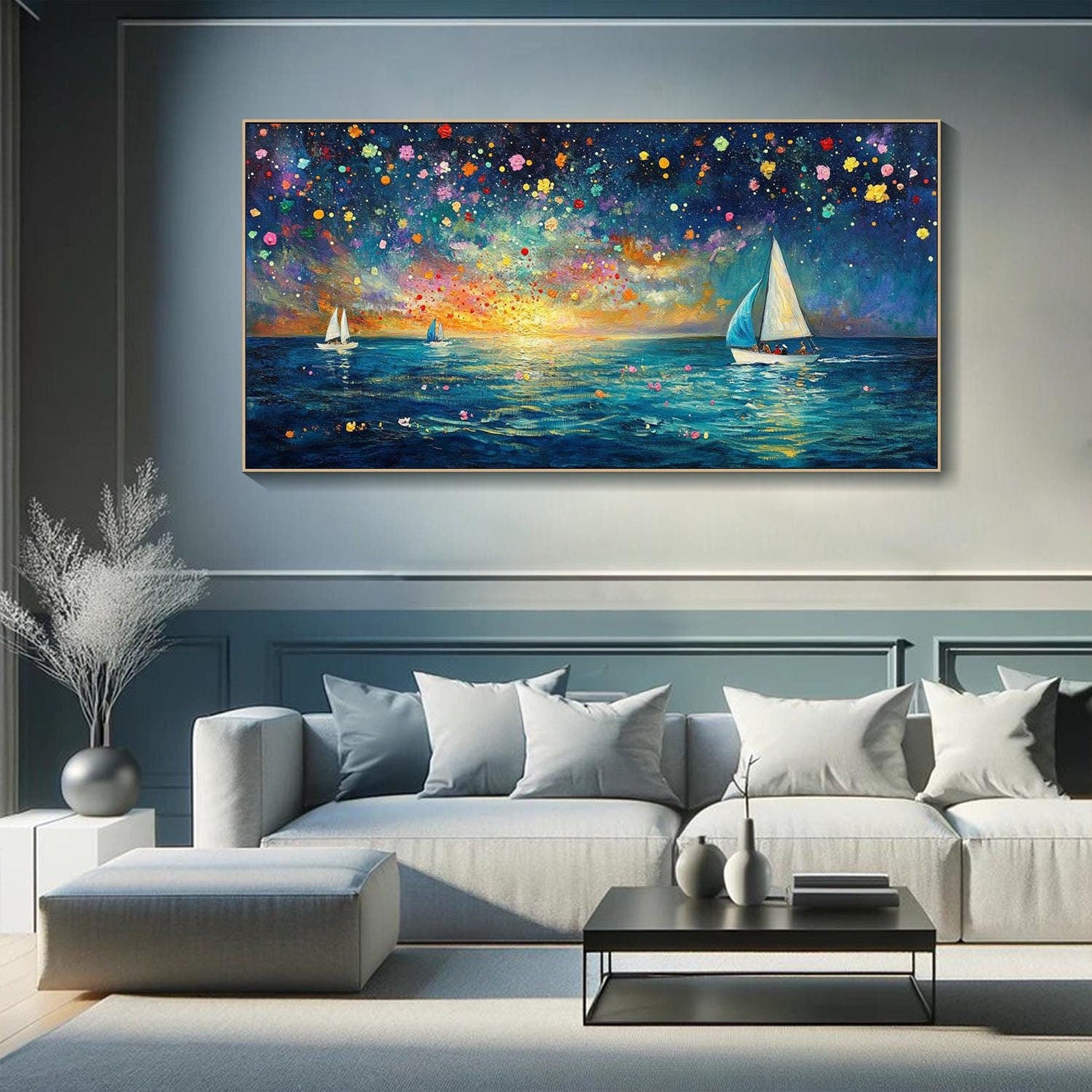 Modern Art Night Sailboat Painting, Vibrant Color Ocean Decor #TB 045